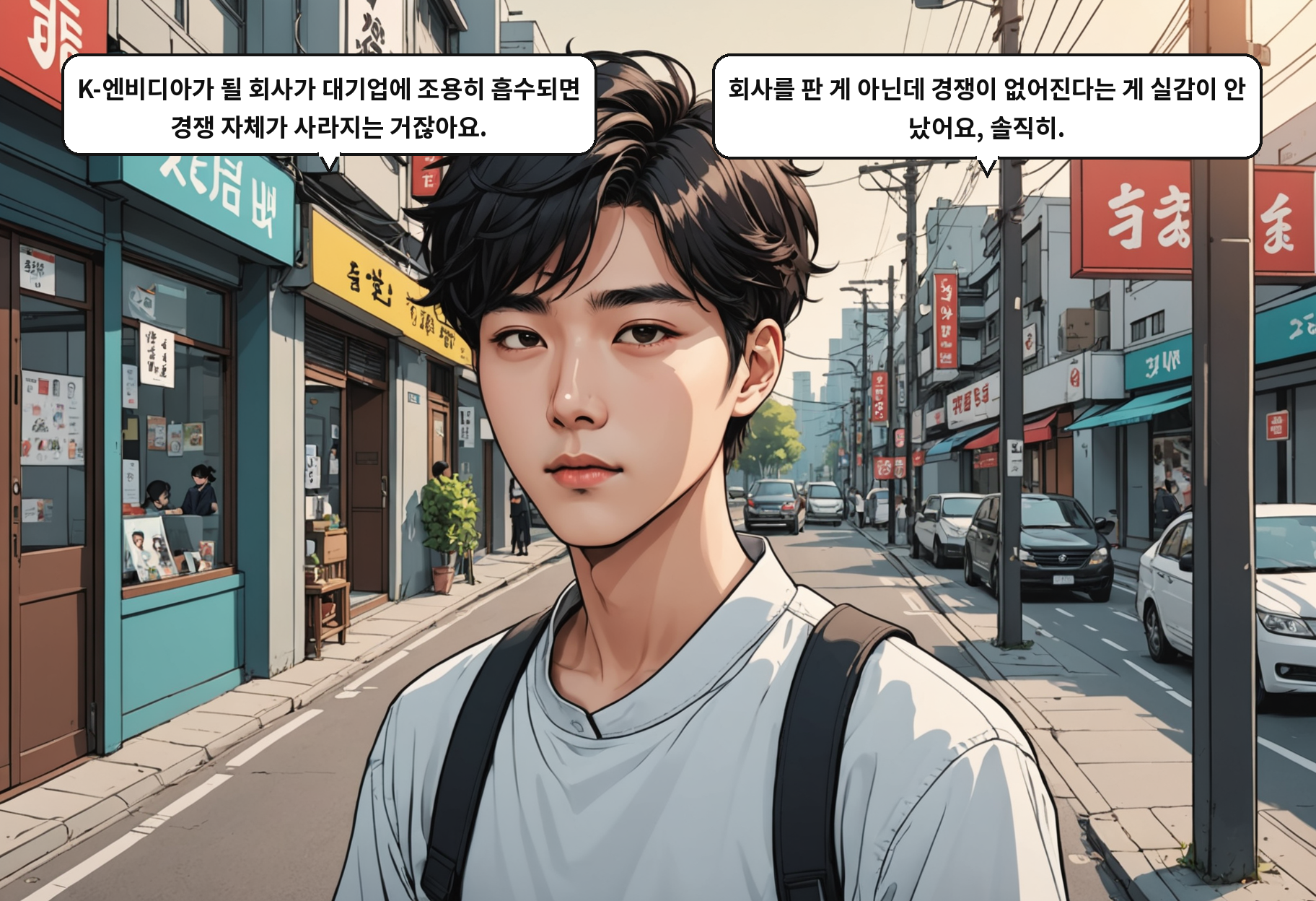 B: K-엔비디아가 될 회사가 대기업에 조용히 흡수되면 경쟁 자체가 사라지는 거잖아요. A: 회사를 판 게 아닌데 경쟁이 없어진다는 게 실감이 안 났어요, 솔직히.