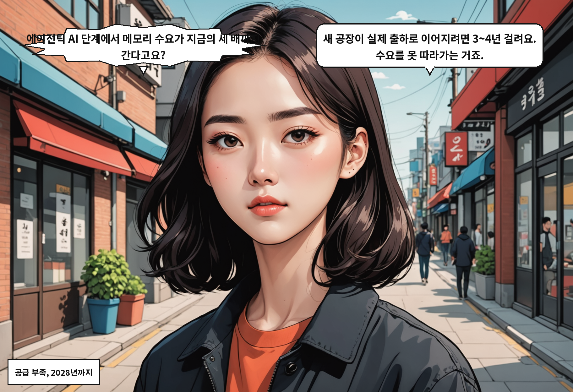 B: 에이전틱 AI 단계에서 메모리 수요가 지금의 세 배까지 간다고요? A: 새 공장이 실제 출하로 이어지려면 3~4년 걸려요. 수요를 못 따라가는 거죠.