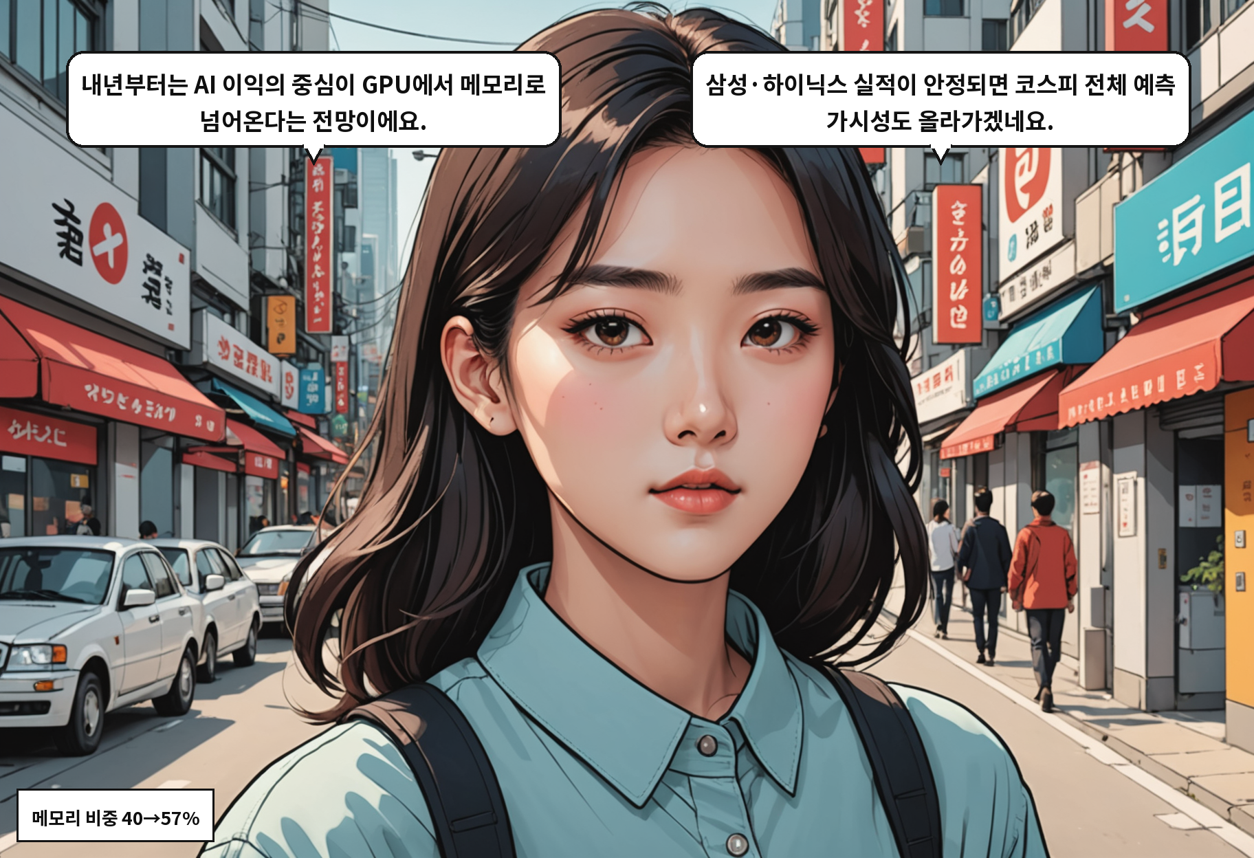 A: 내년부터는 AI 이익의 중심이 GPU에서 메모리로 넘어온다는 전망이에요. B: 삼성·하이닉스 실적이 안정되면 코스피 전체 예측 가시성도 올라가겠네요.