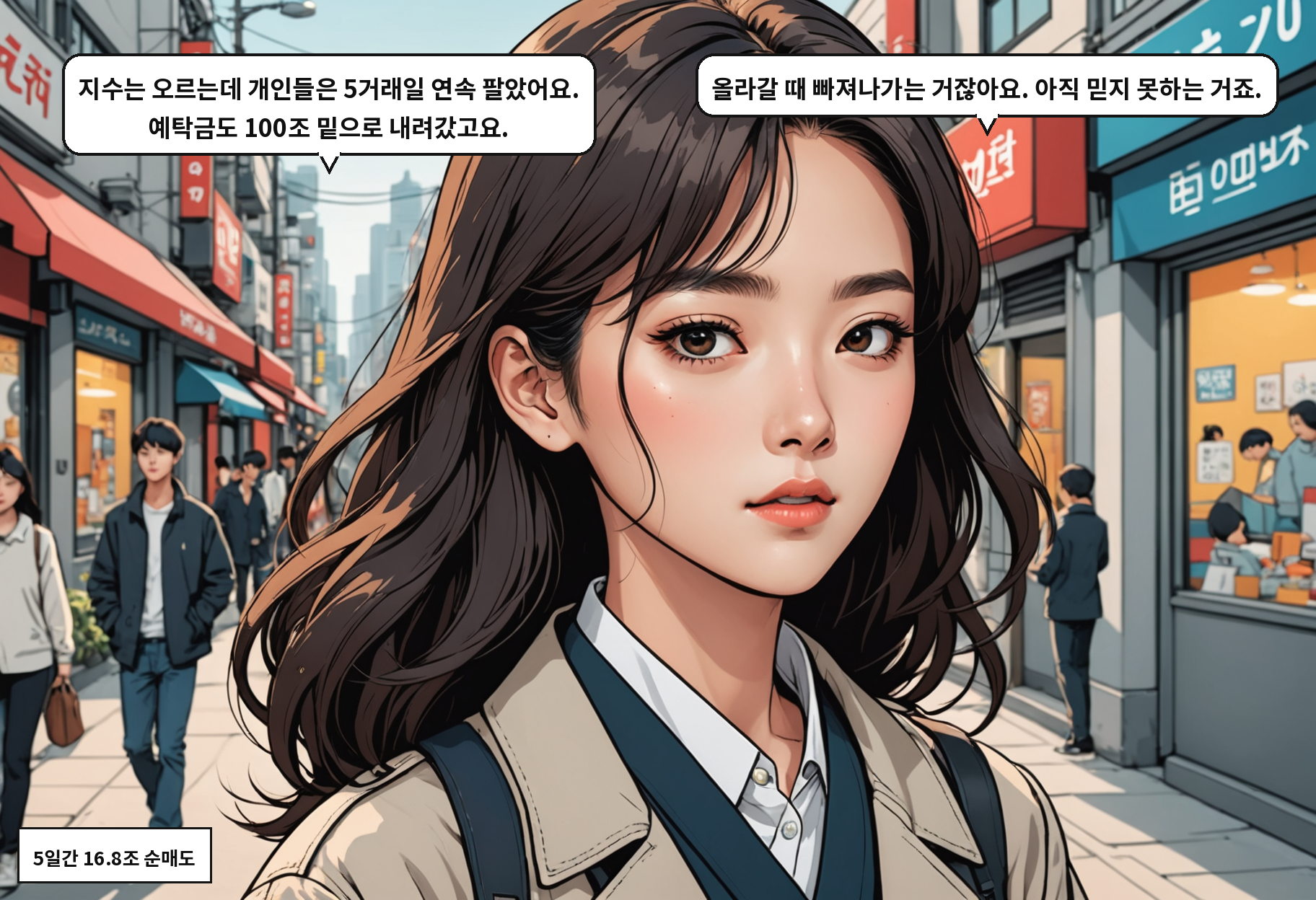 B: 지수는 오르는데 개인들은 5거래일 연속 팔았어요. 예탁금도 100조 밑으로 내려갔고요. A: 올라갈 때 빠져나가는 거잖아요. 아직 믿지 못하는 거죠.