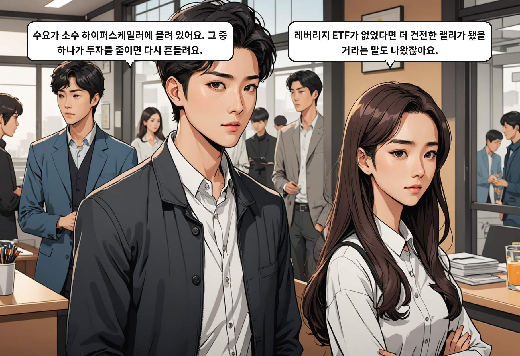 A: 수요가 소수 하이퍼스케일러에 몰려 있어요. 그 중 하나가 투자를 줄이면 다시 흔들려요. B: 레버리지 ETF가 없었다면 더 건전한 랠리가 됐을 거라는 말도 나왔잖아요.