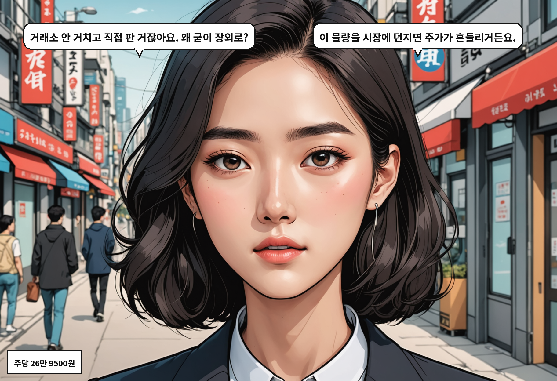 B: 거래소 안 거치고 직접 판 거잖아요. 왜 굳이 장외로? A: 이 물량을 시장에 던지면 주가가 흔들리거든요.