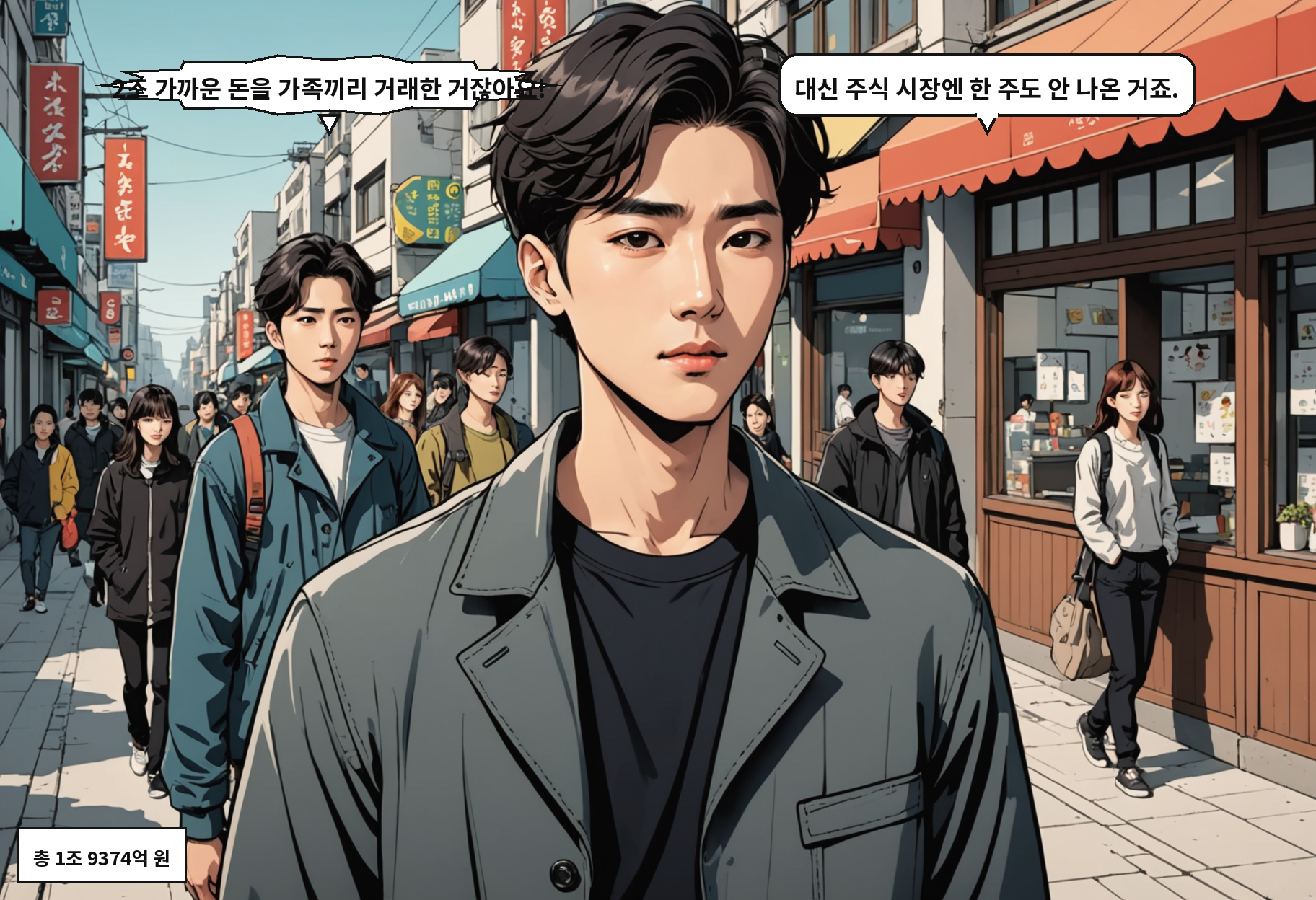 B: 2조 가까운 돈을 가족끼리 거래한 거잖아요! A: 대신 주식 시장엔 한 주도 안 나온 거죠.