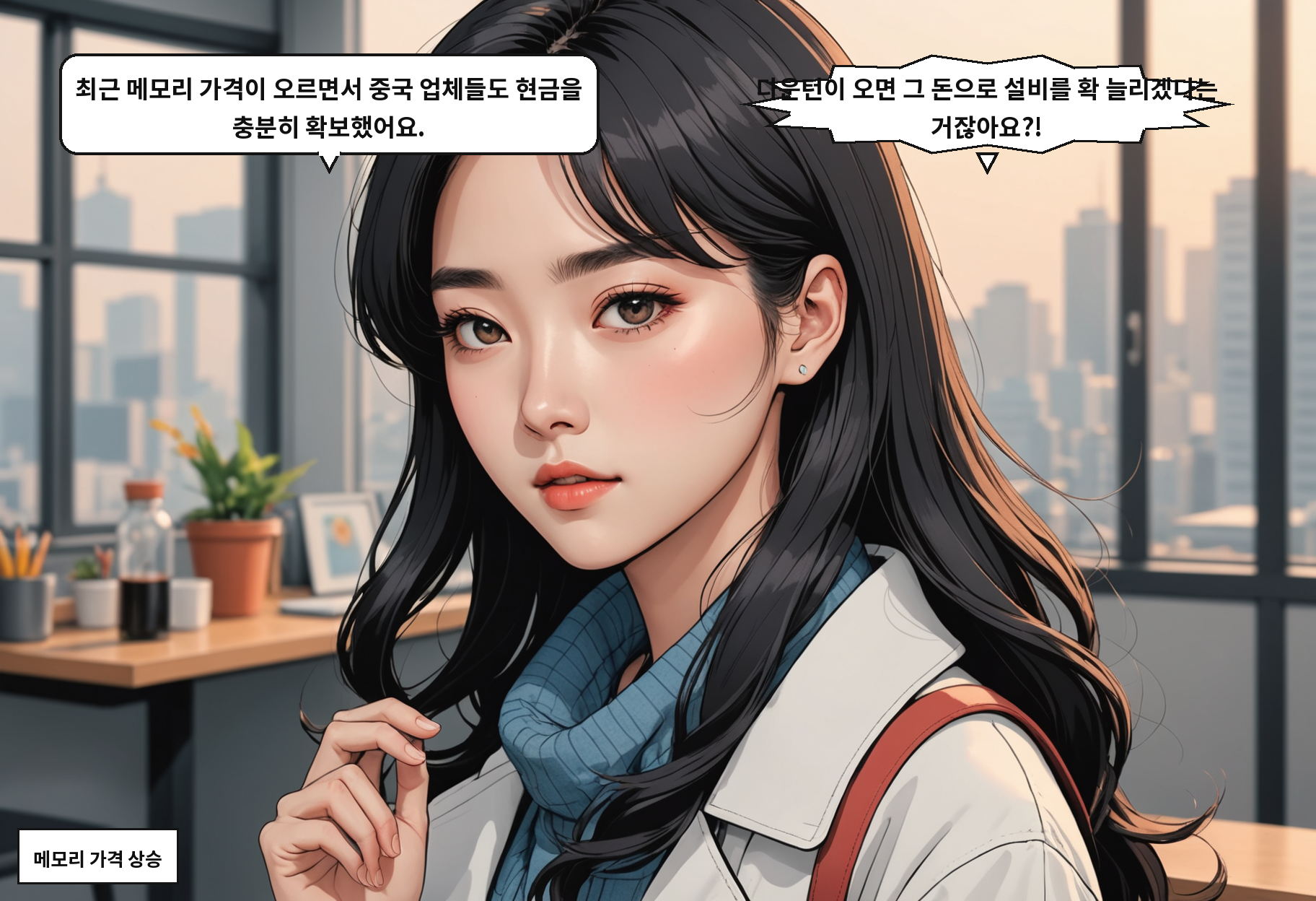 B: 최근 메모리 가격이 오르면서 중국 업체들도 현금을 충분히 확보했어요. A: 다운턴이 오면 그 돈으로 설비를 확 늘리겠다는 거잖아요?!