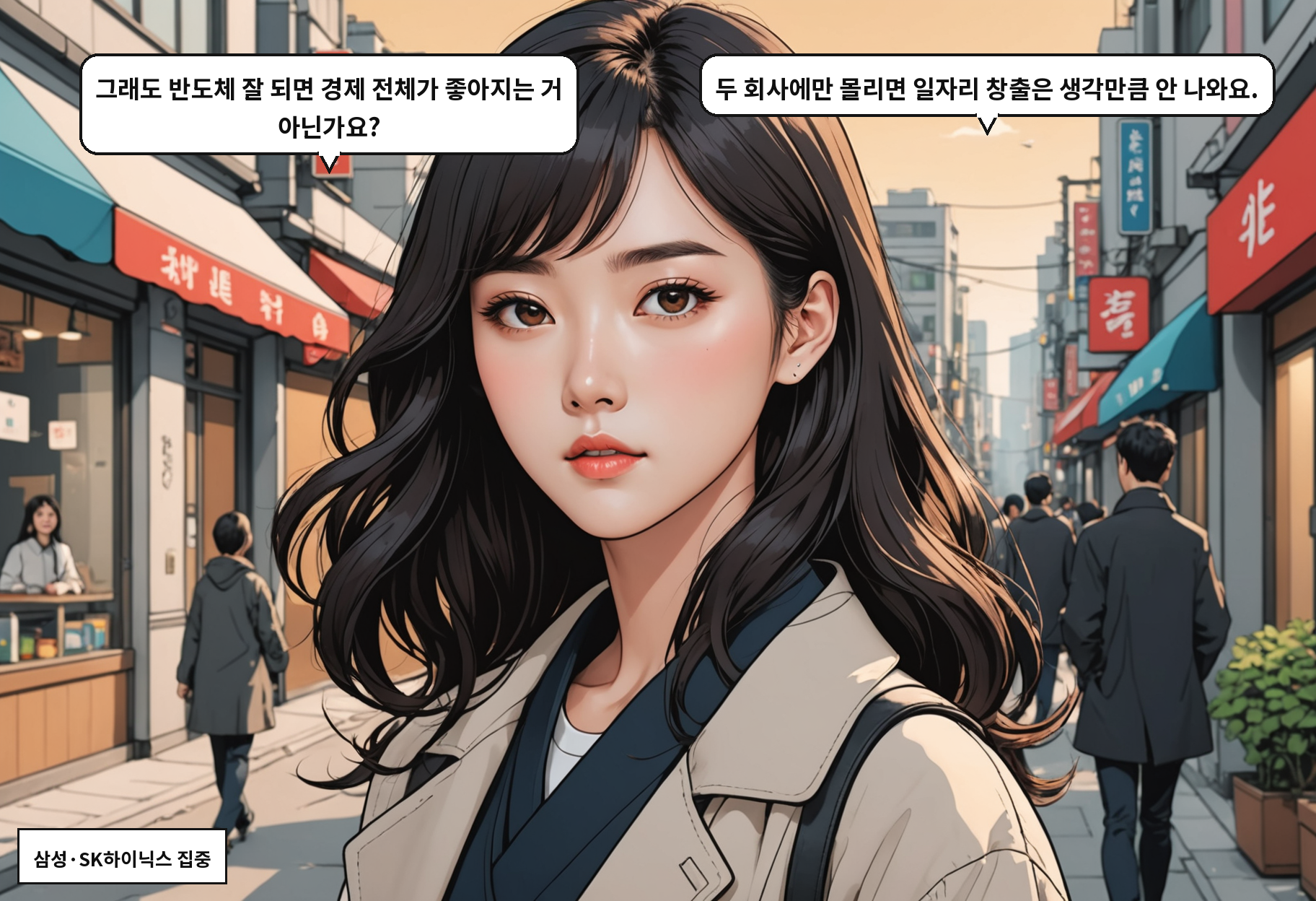 A: 그래도 반도체 잘 되면 경제 전체가 좋아지는 거 아닌가요? B: 두 회사에만 몰리면 일자리 창출은 생각만큼 안 나와요.