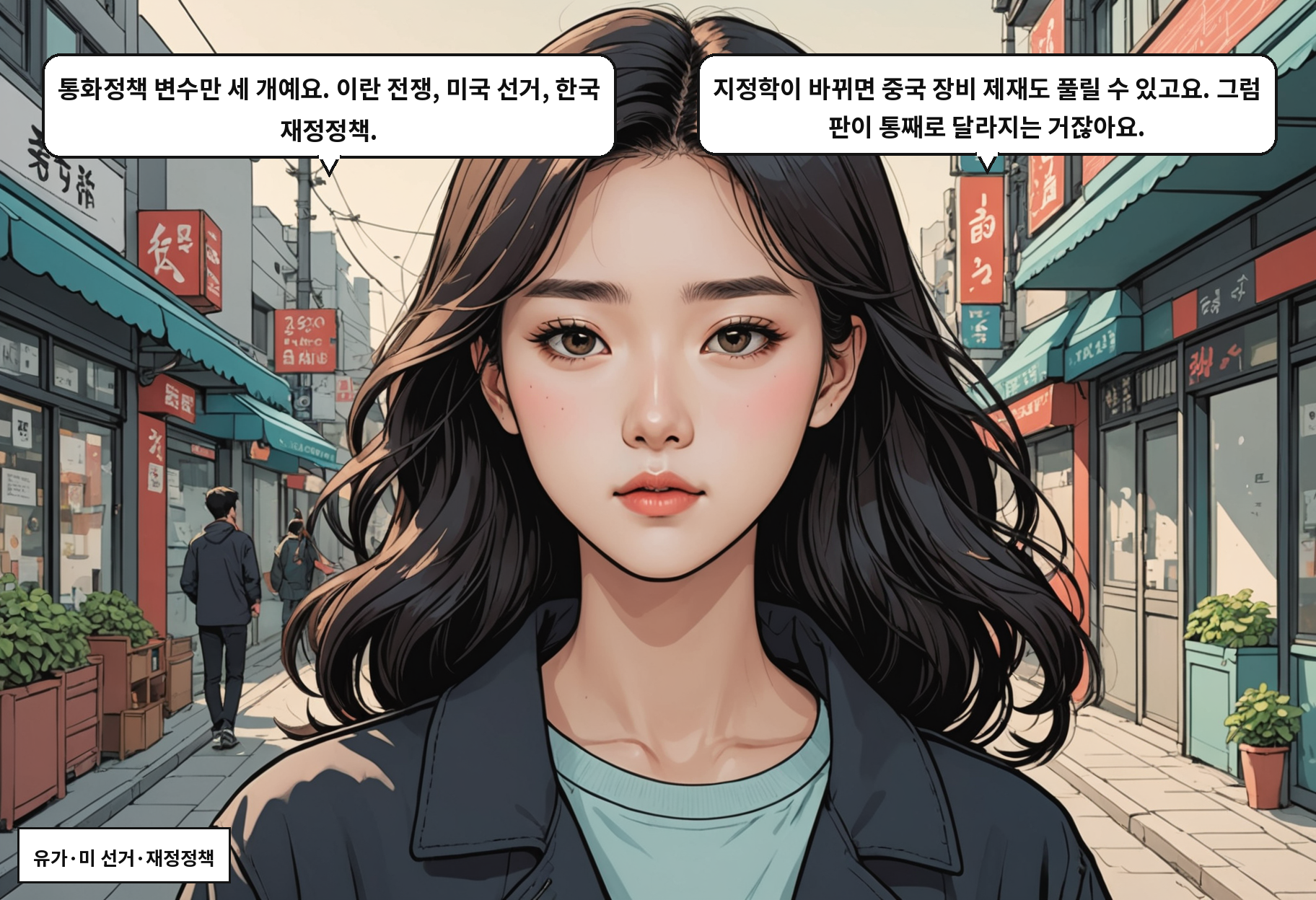 B: 통화정책 변수만 세 개예요. 이란 전쟁, 미국 선거, 한국 재정정책. A: 지정학이 바뀌면 중국 장비 제재도 풀릴 수 있고요. 그럼 판이 통째로 달라지는 거잖아요.