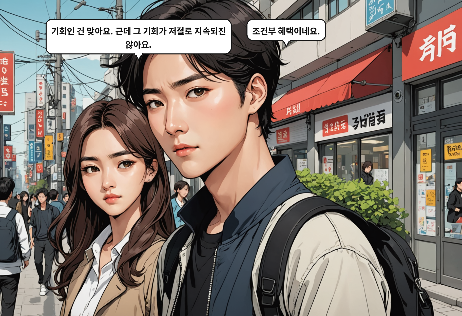 B: 기회인 건 맞아요. 근데 그 기회가 저절로 지속되진 않아요. A: 조건부 혜택이네요.