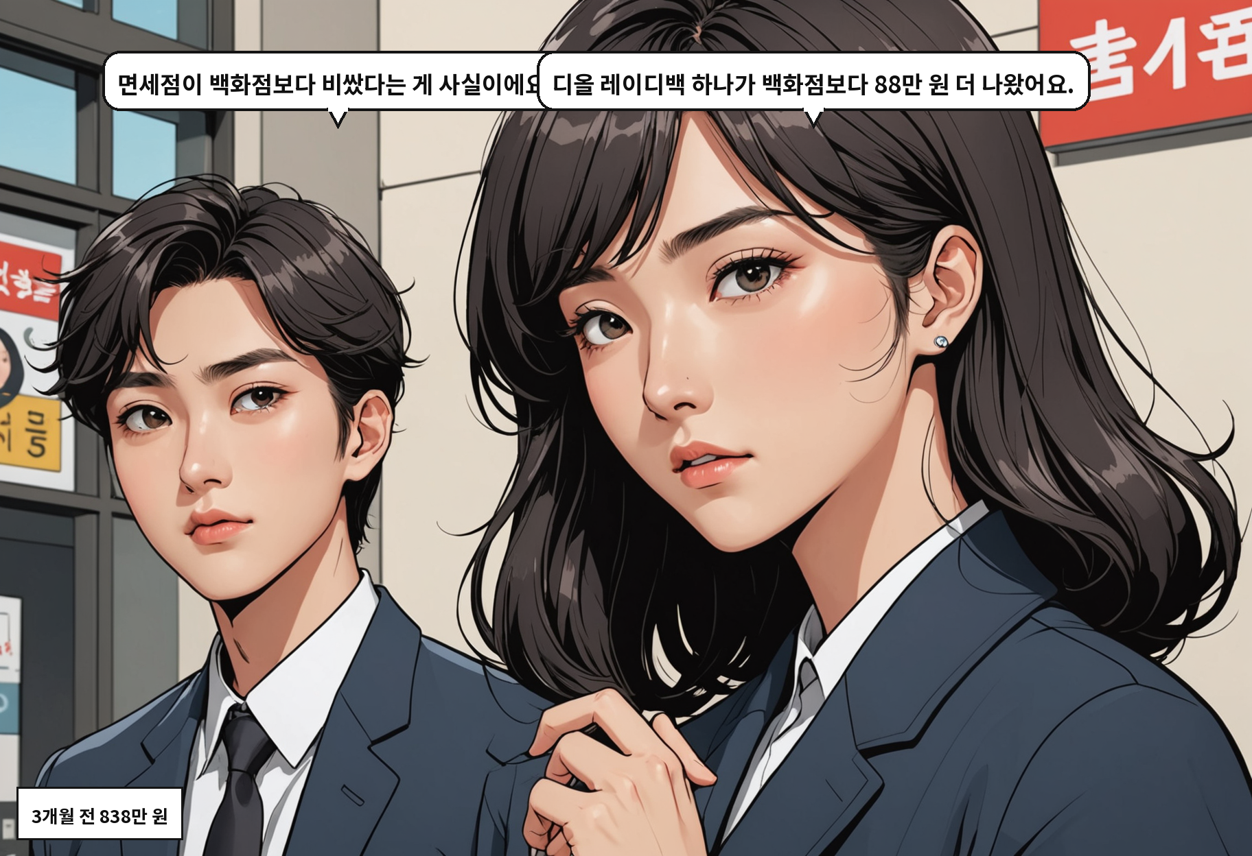A: 면세점이 백화점보다 비쌌다는 게 사실이에요? B: 디올 레이디백 하나가 백화점보다 88만 원 더 나왔어요.