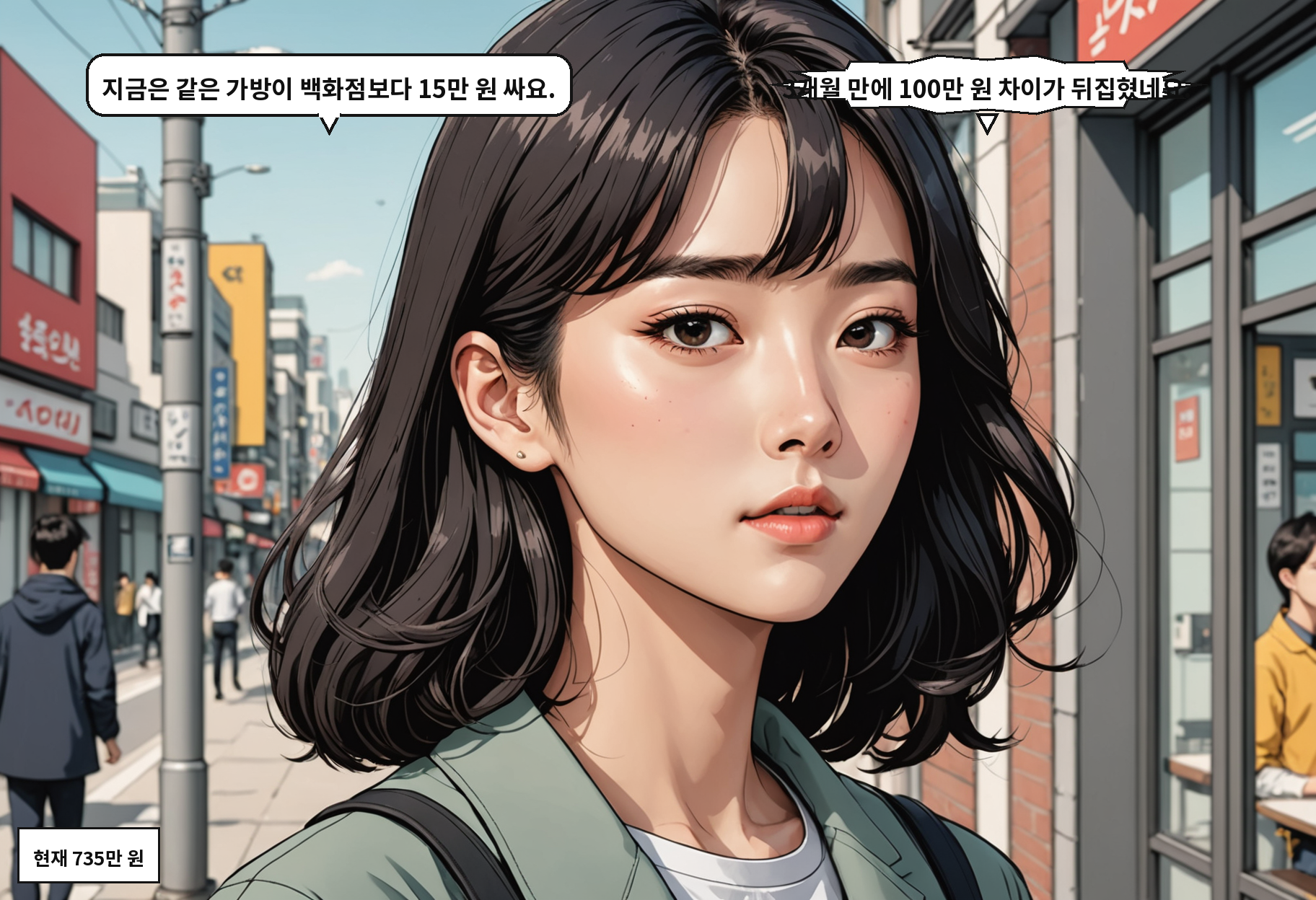 B: 지금은 같은 가방이 백화점보다 15만 원 싸요. A: 3개월 만에 100만 원 차이가 뒤집혔네요.