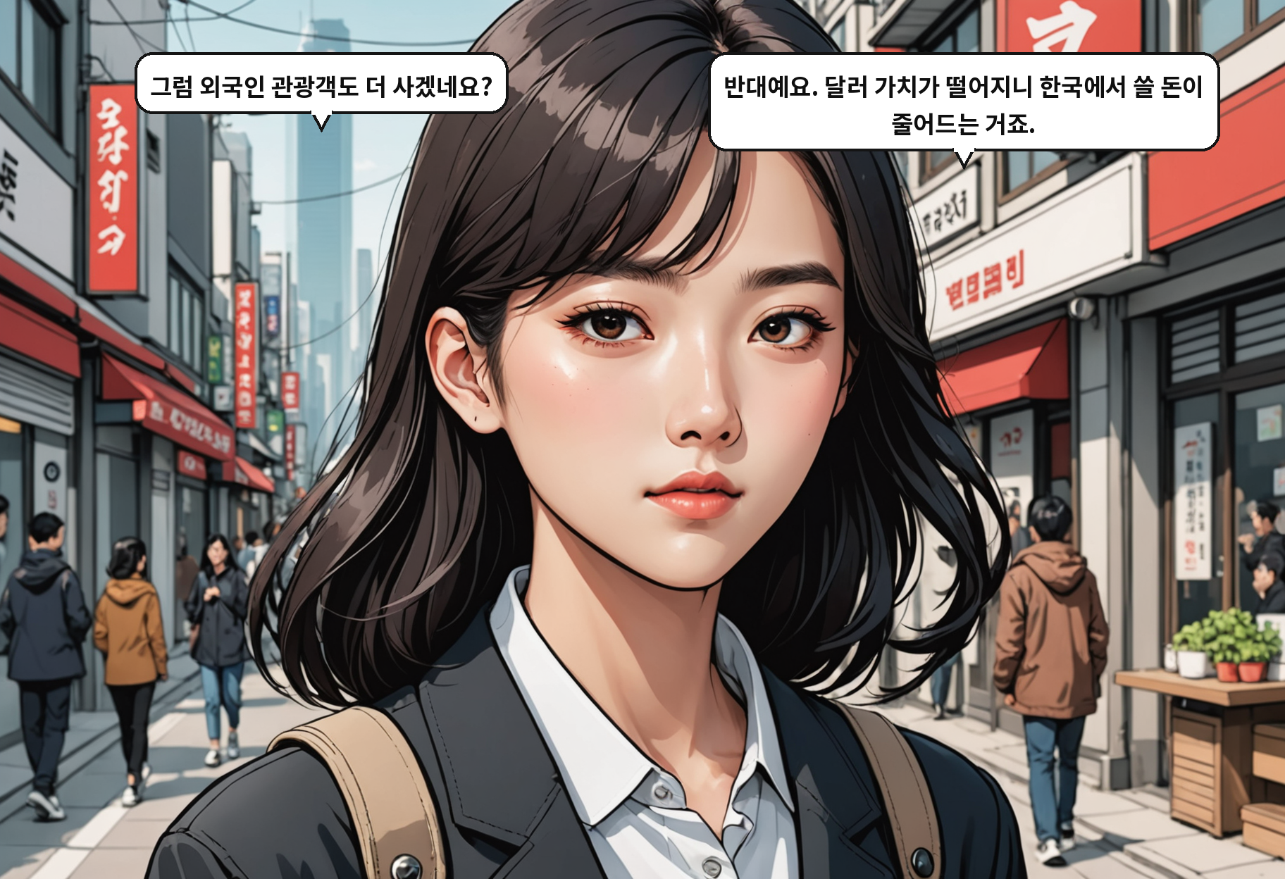 A: 그럼 외국인 관광객도 더 사겠네요? B: 반대예요. 달러 가치가 떨어지니 한국에서 쓸 돈이 줄어드는 거죠.