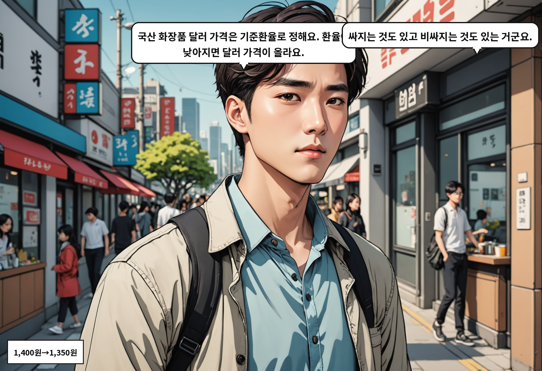 B: 국산 화장품 달러 가격은 기준환율로 정해요. 환율이 낮아지면 달러 가격이 올라요. A: 싸지는 것도 있고 비싸지는 것도 있는 거군요.