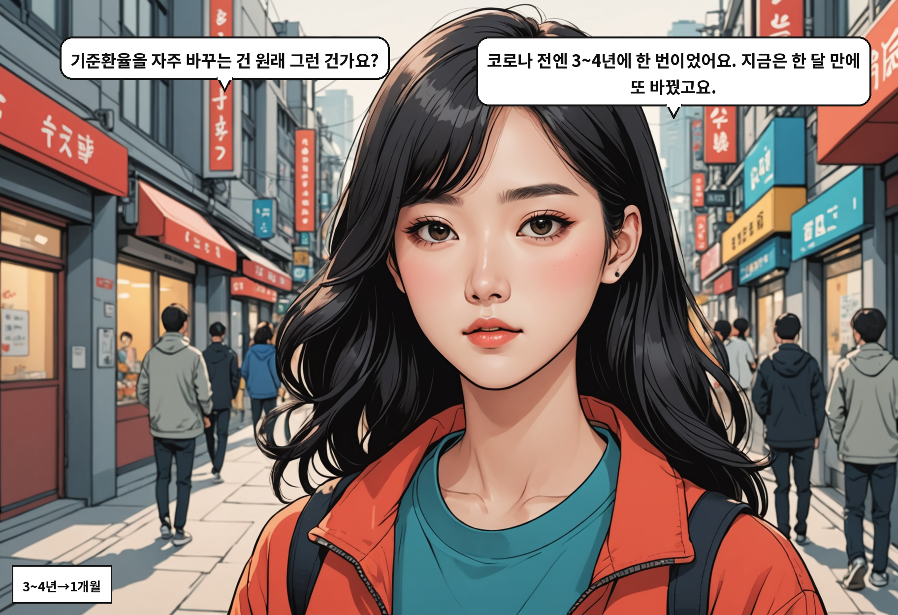A: 기준환율을 자주 바꾸는 건 원래 그런 건가요? B: 코로나 전엔 3~4년에 한 번이었어요. 지금은 한 달 만에 또 바꿨고요.