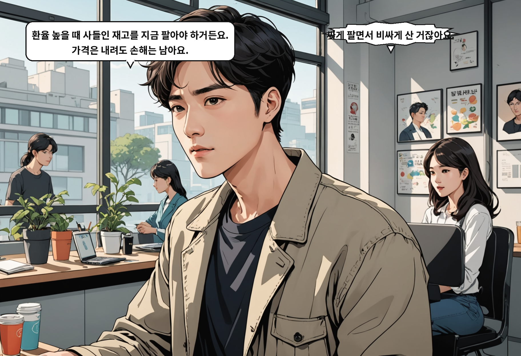 B: 환율 높을 때 사들인 재고를 지금 팔아야 하거든요. 가격은 내려도 손해는 남아요. A: 싸게 팔면서 비싸게 산 거잖아요.