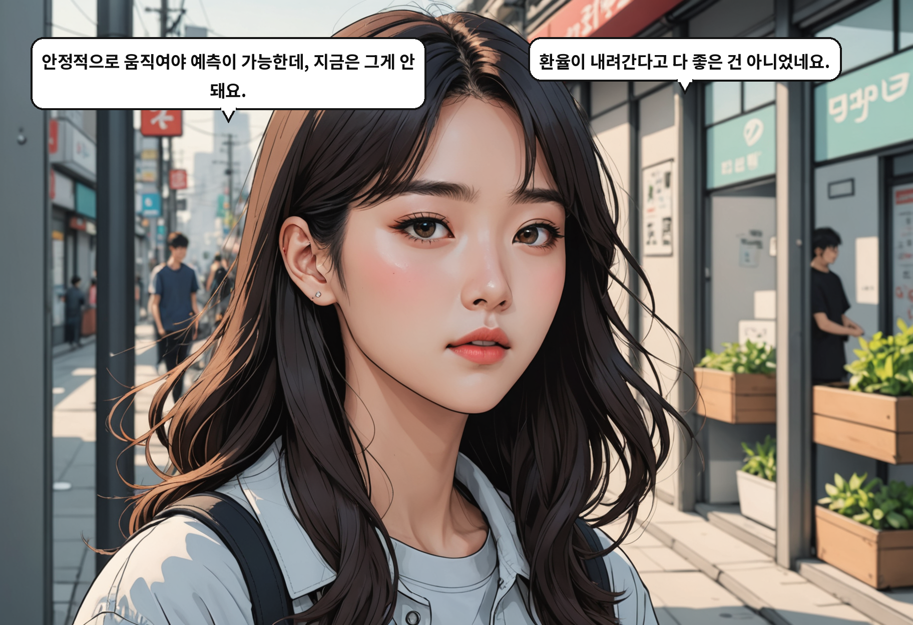 B: 안정적으로 움직여야 예측이 가능한데, 지금은 그게 안 돼요. A: 환율이 내려간다고 다 좋은 건 아니었네요.