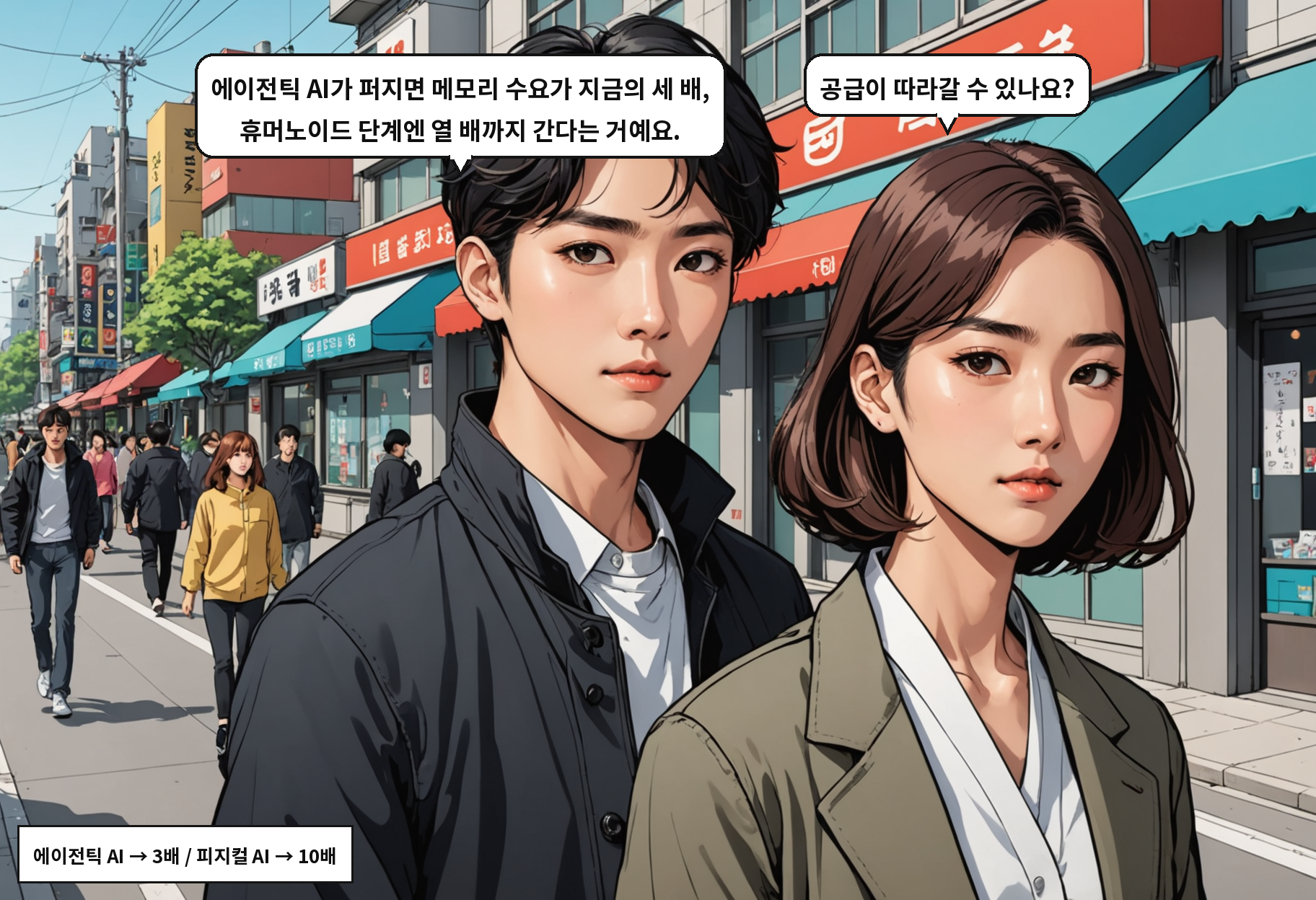 B: 에이전틱 AI가 퍼지면 메모리 수요가 지금의 세 배, 휴머노이드 단계엔 열 배까지 간다는 거예요. A: 공급이 따라갈 수 있나요?