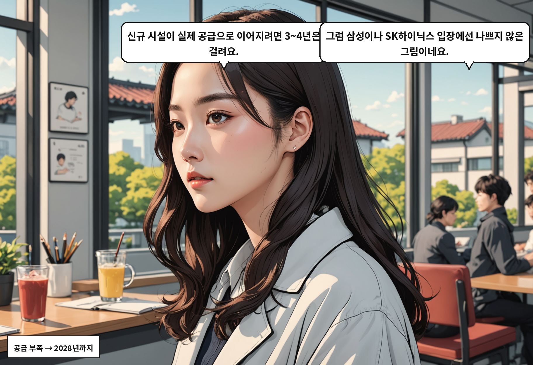 B: 신규 시설이 실제 공급으로 이어지려면 3~4년은 걸려요. A: 그럼 삼성이나 SK하이닉스 입장에선 나쁘지 않은 그림이네요.
