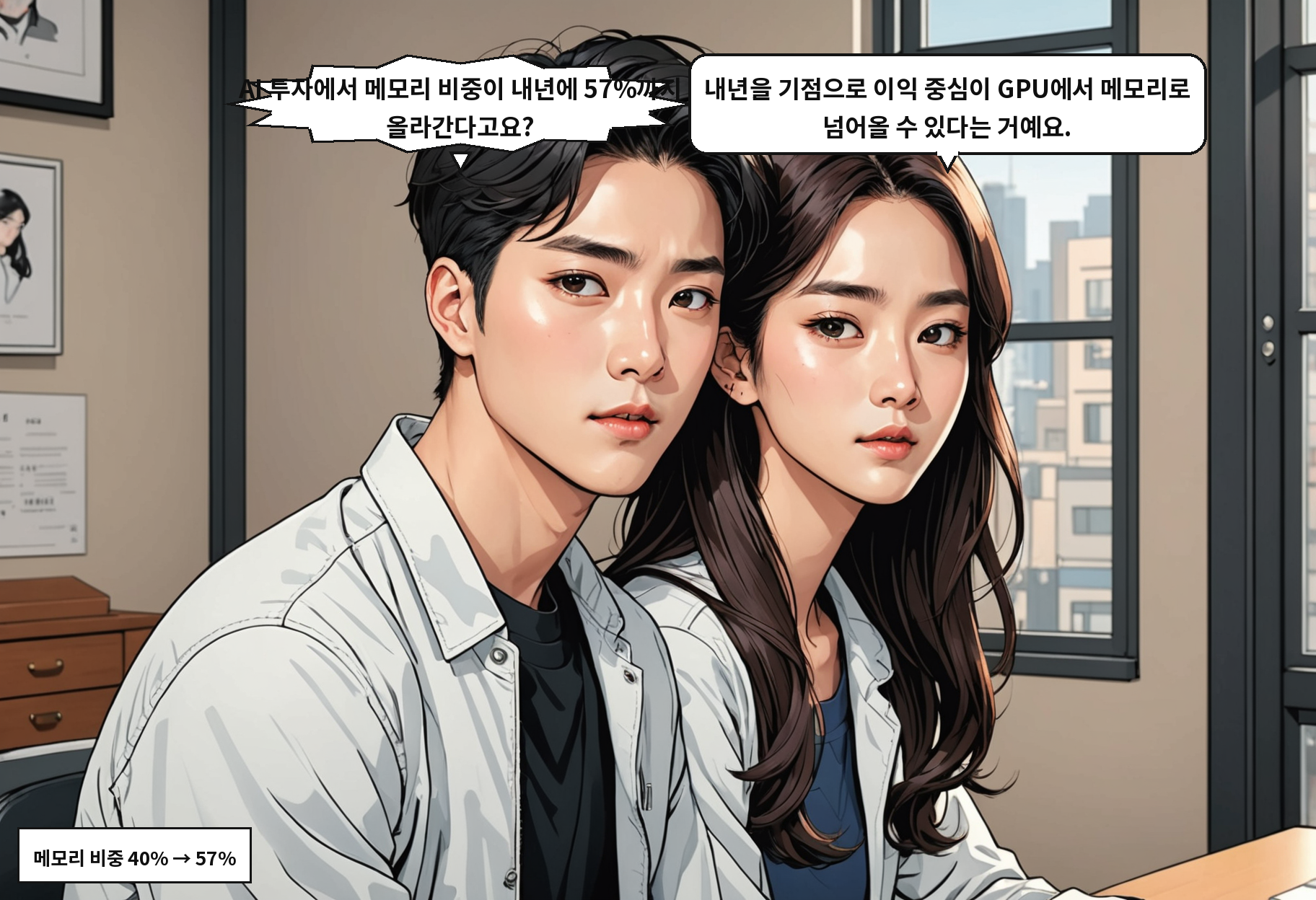 A: AI 투자에서 메모리 비중이 내년에 57%까지 올라간다고요? B: 내년을 기점으로 이익 중심이 GPU에서 메모리로 넘어올 수 있다는 거예요.