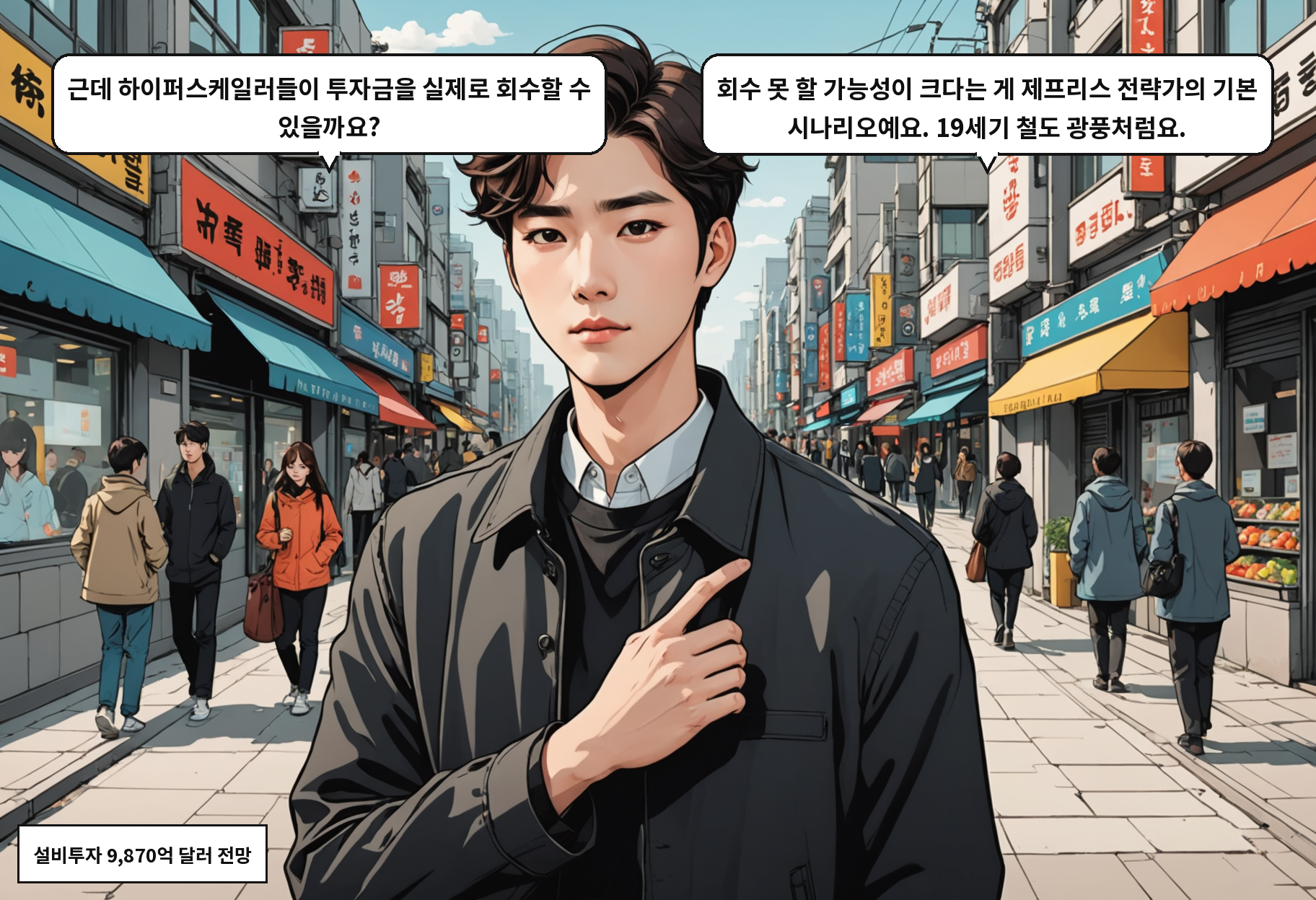 A: 근데 하이퍼스케일러들이 투자금을 실제로 회수할 수 있을까요? B: 회수 못 할 가능성이 크다는 게 제프리스 전략가의 기본 시나리오예요. 19세기 철도 광풍처럼요.