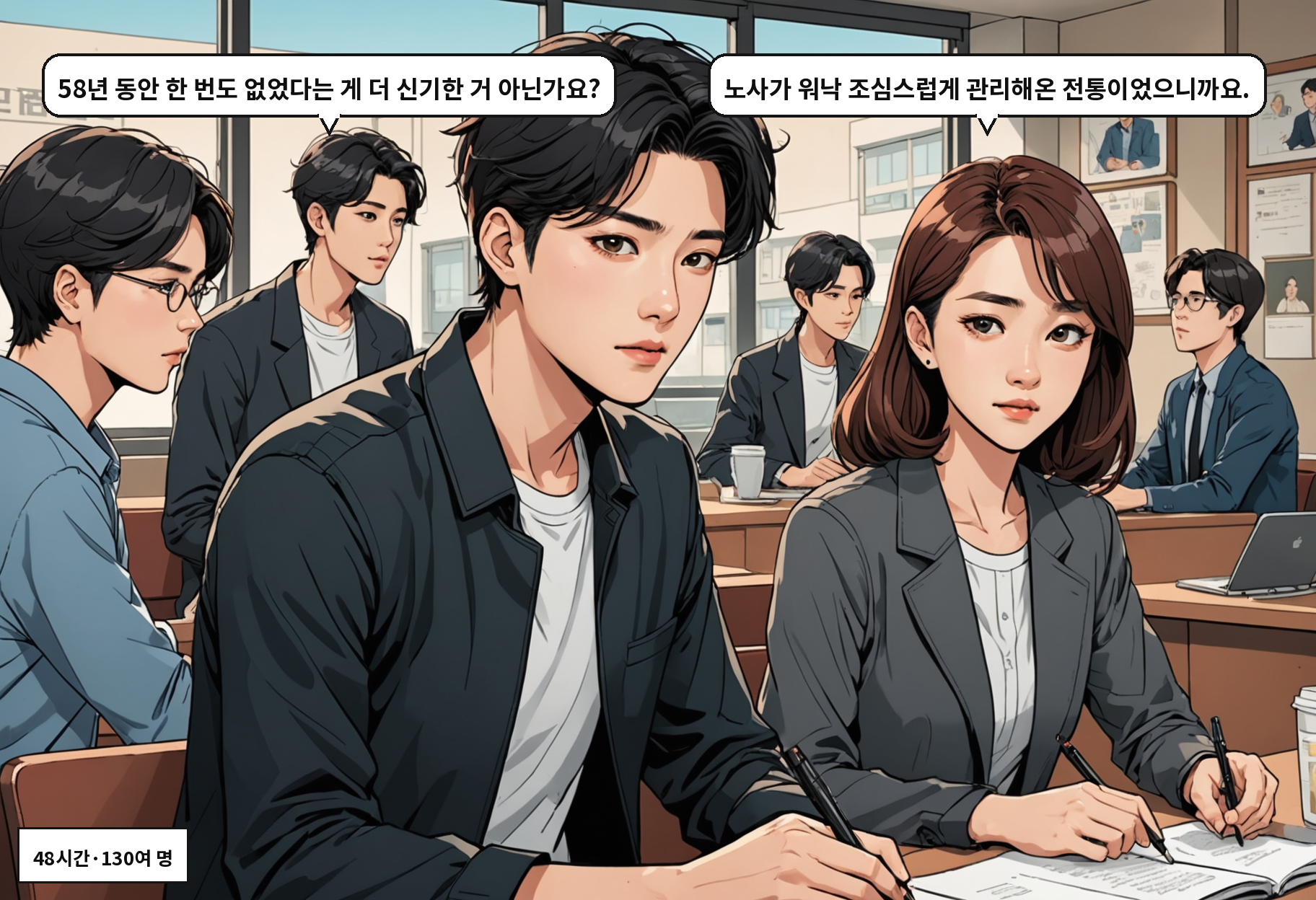 A: 58년 동안 한 번도 없었다는 게 더 신기한 거 아닌가요? B: 노사가 워낙 조심스럽게 관리해온 전통이었으니까요.