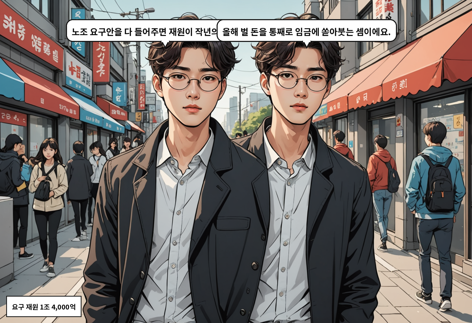 A: 노조 요구안을 다 들어주면 재원이 작년의 두 배래요. B: 올해 벌 돈을 통째로 임금에 쏟아붓는 셈이에요.