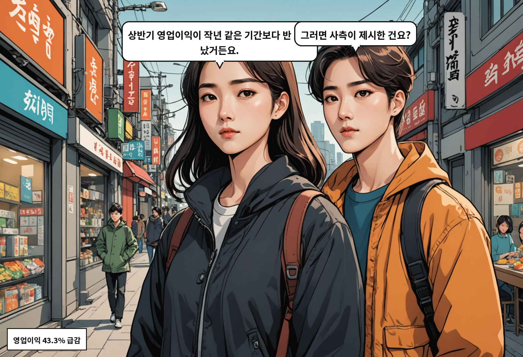 B: 상반기 영업이익이 작년 같은 기간보다 반 토막 났거든요. A: 그러면 사측이 제시한 건요?