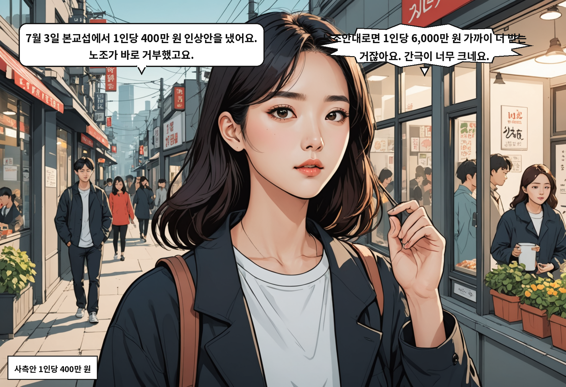 B: 7월 3일 본교섭에서 1인당 400만 원 인상안을 냈어요. 노조가 바로 거부했고요. A: 노조안대로면 1인당 6,000만 원 가까이 더 받는 거잖아요. 간극이 너무 크네요.