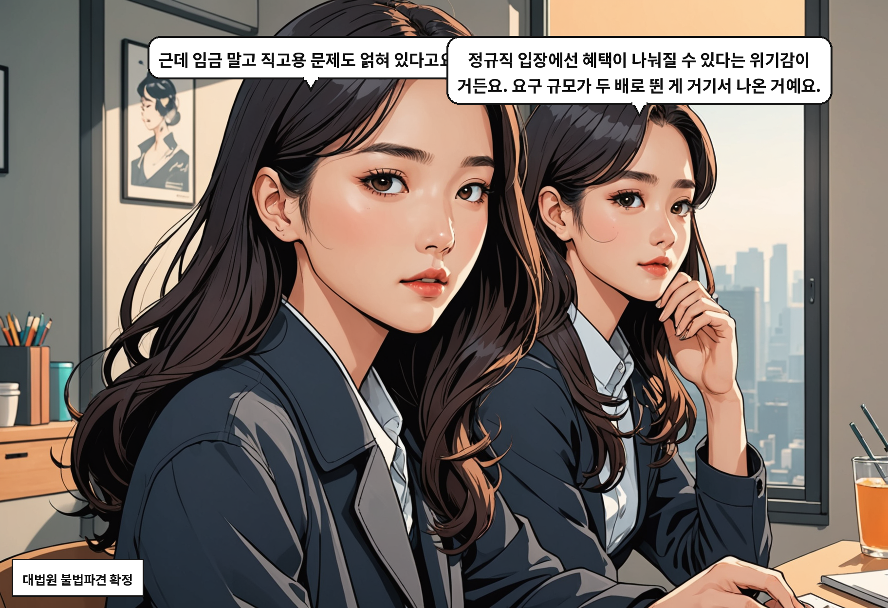 A: 근데 임금 말고 직고용 문제도 얽혀 있다고요? B: 정규직 입장에선 혜택이 나눠질 수 있다는 위기감이 거든요. 요구 규모가 두 배로 뛴 게 거기서 나온 거예요.