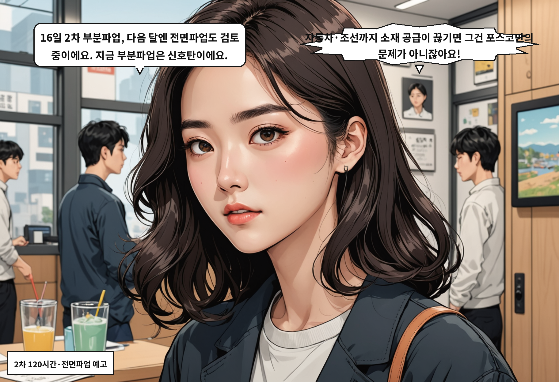 B: 16일 2차 부분파업, 다음 달엔 전면파업도 검토 중이에요. 지금 부분파업은 신호탄이에요. A: 자동차·조선까지 소재 공급이 끊기면 그건 포스코만의 문제가 아니잖아요!