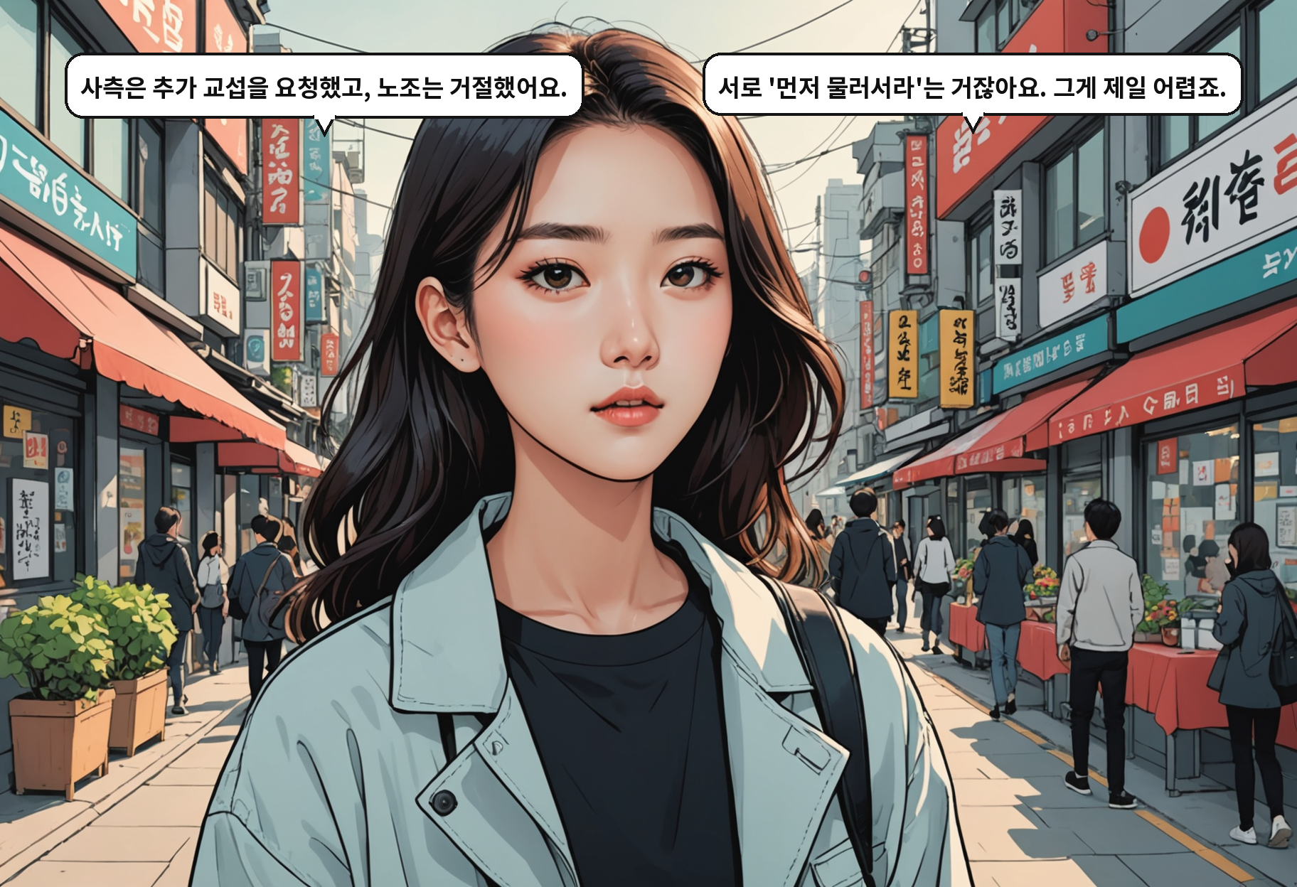 B: 사측은 추가 교섭을 요청했고, 노조는 거절했어요. A: 서로 '먼저 물러서라'는 거잖아요. 그게 제일 어렵죠.