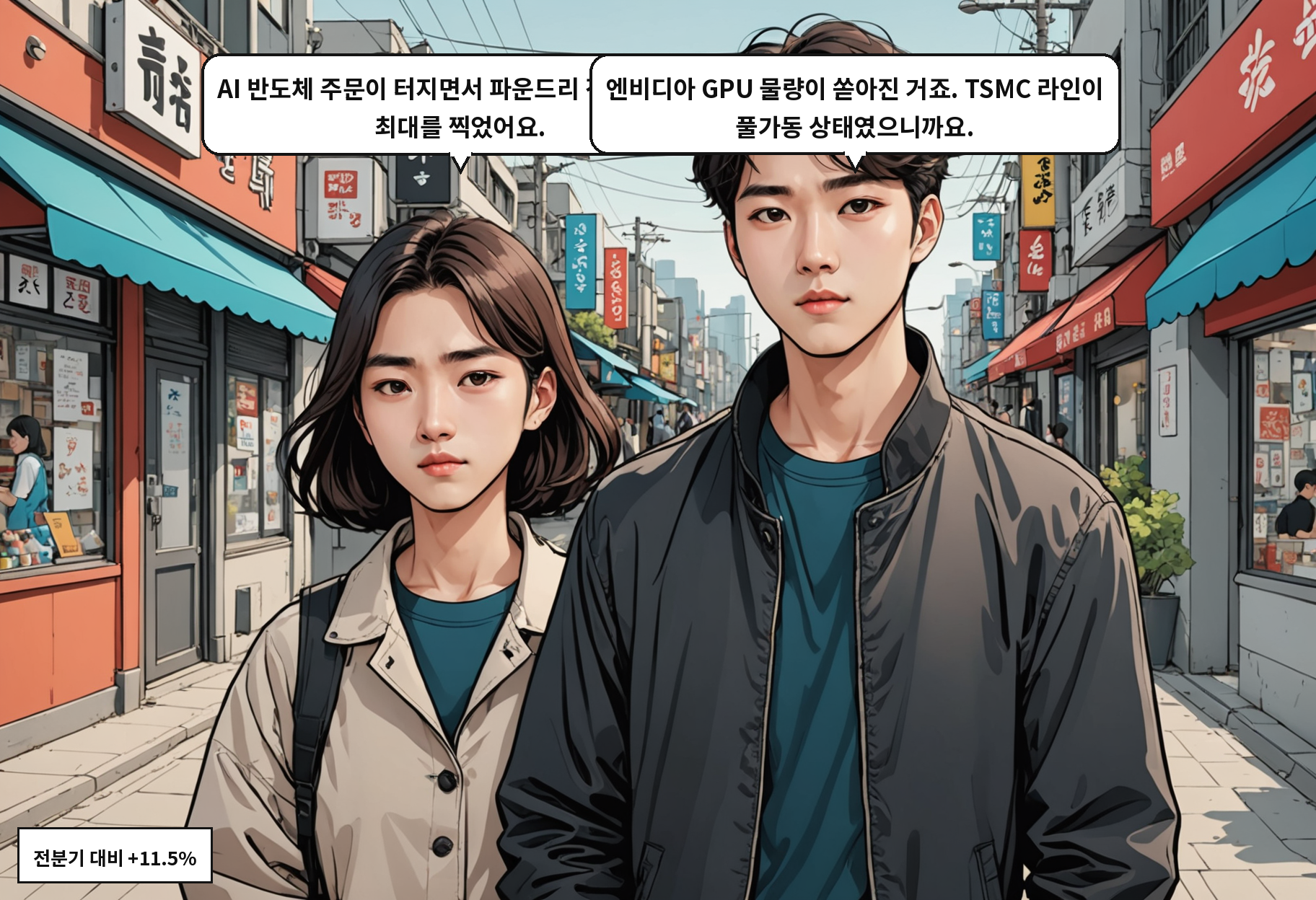 A: AI 반도체 주문이 터지면서 파운드리 전체가 분기 최대를 찍었어요. B: 엔비디아 GPU 물량이 쏟아진 거죠. TSMC 라인이 풀가동 상태였으니까요.