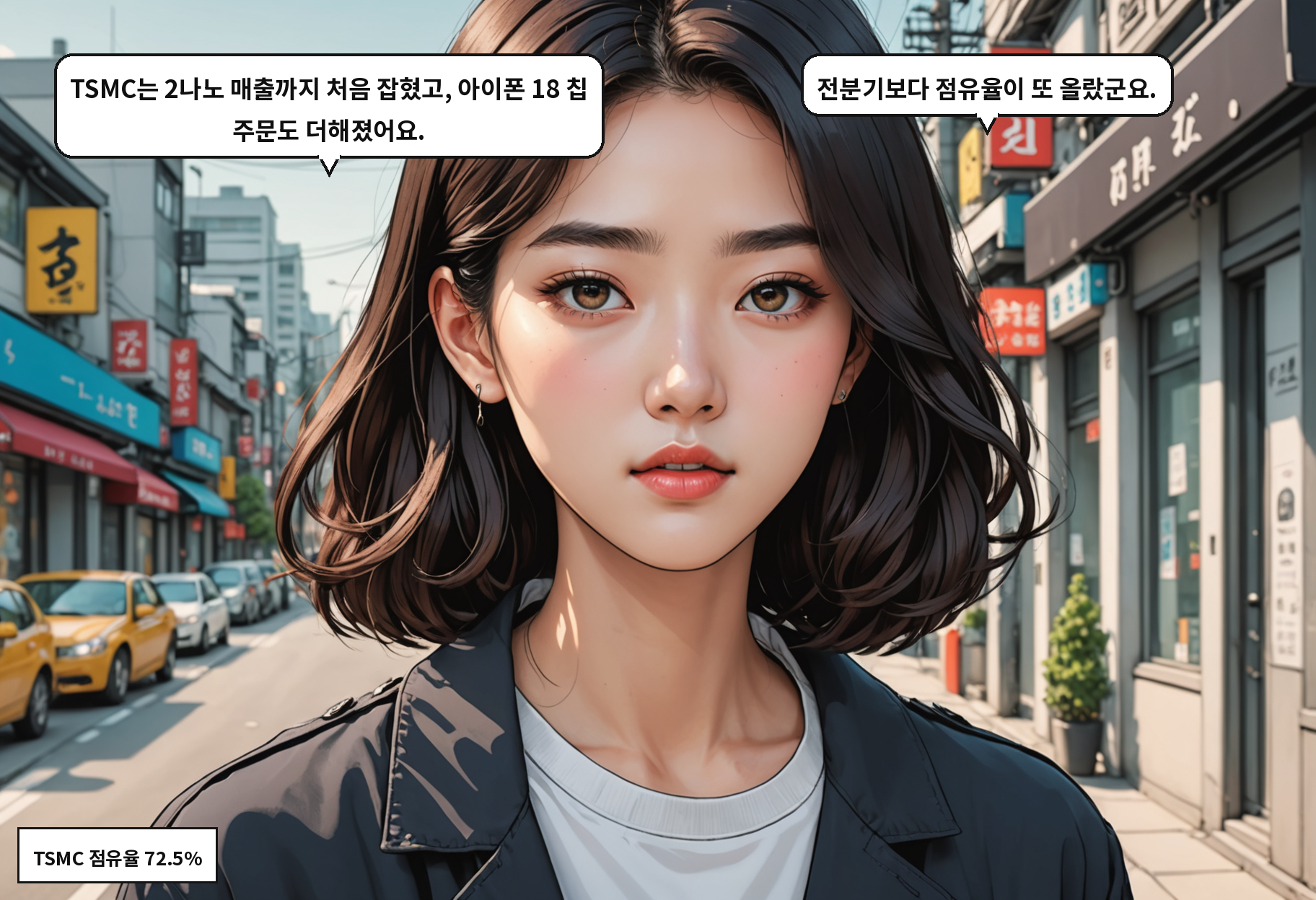 B: TSMC는 2나노 매출까지 처음 잡혔고, 아이폰 18 칩 주문도 더해졌어요. A: 전분기보다 점유율이 또 올랐군요.