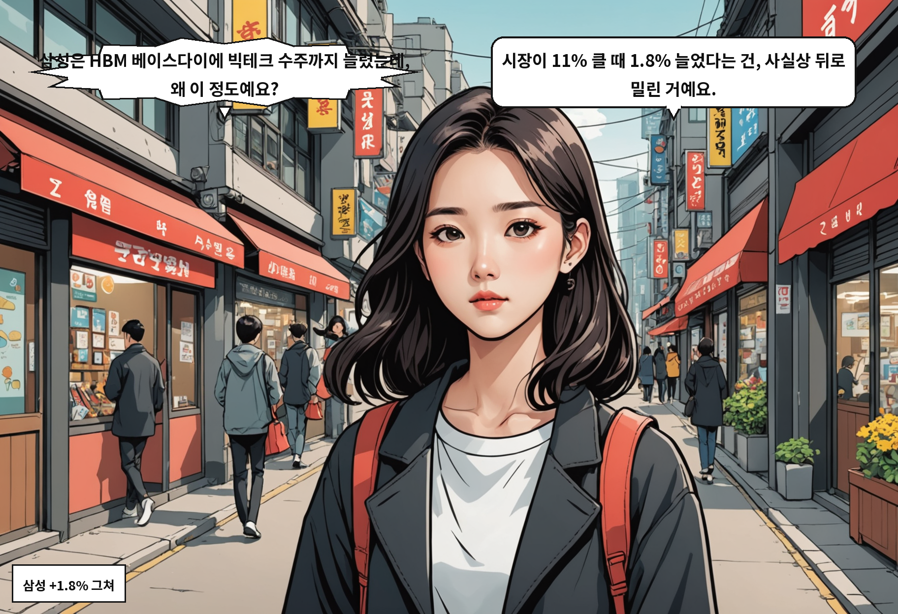 A: 삼성은 HBM 베이스다이에 빅테크 수주까지 늘렸는데, 왜 이 정도예요? B: 시장이 11% 클 때 1.8% 늘었다는 건, 사실상 뒤로 밀린 거예요.