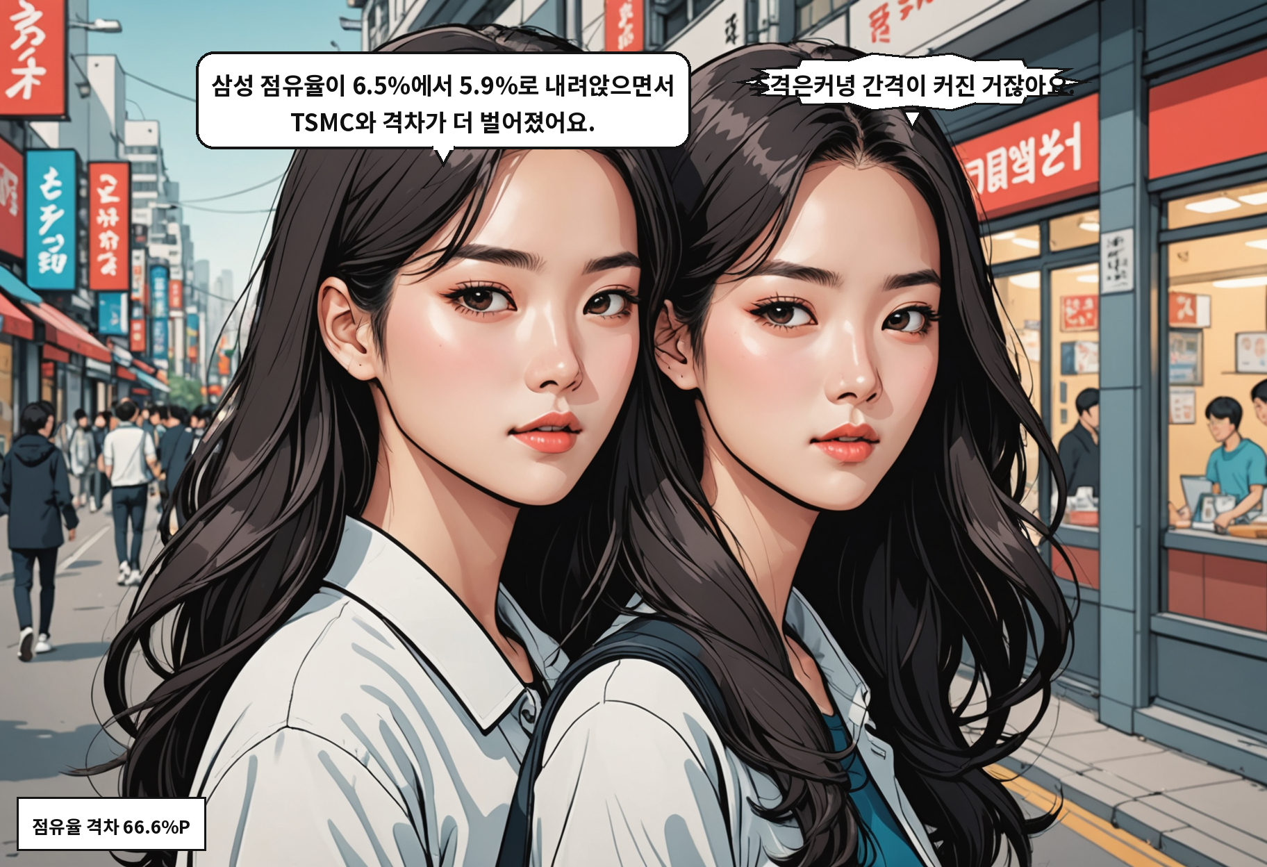B: 삼성 점유율이 6.5%에서 5.9%로 내려앉으면서 TSMC와 격차가 더 벌어졌어요. A: 추격은커녕 간격이 커진 거잖아요.
