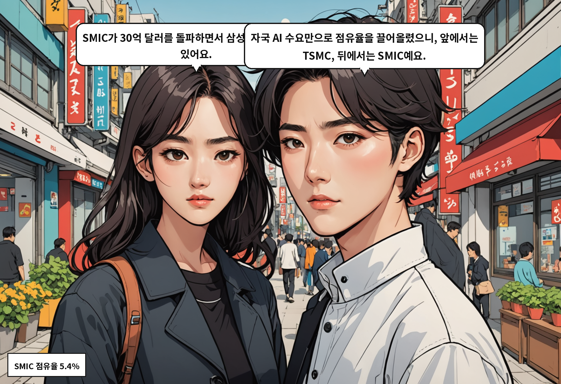 A: SMIC가 30억 달러를 돌파하면서 삼성 바로 뒤를 쫓고 있어요. B: 자국 AI 수요만으로 점유율을 끌어올렸으니, 앞에서는 TSMC, 뒤에서는 SMIC예요.