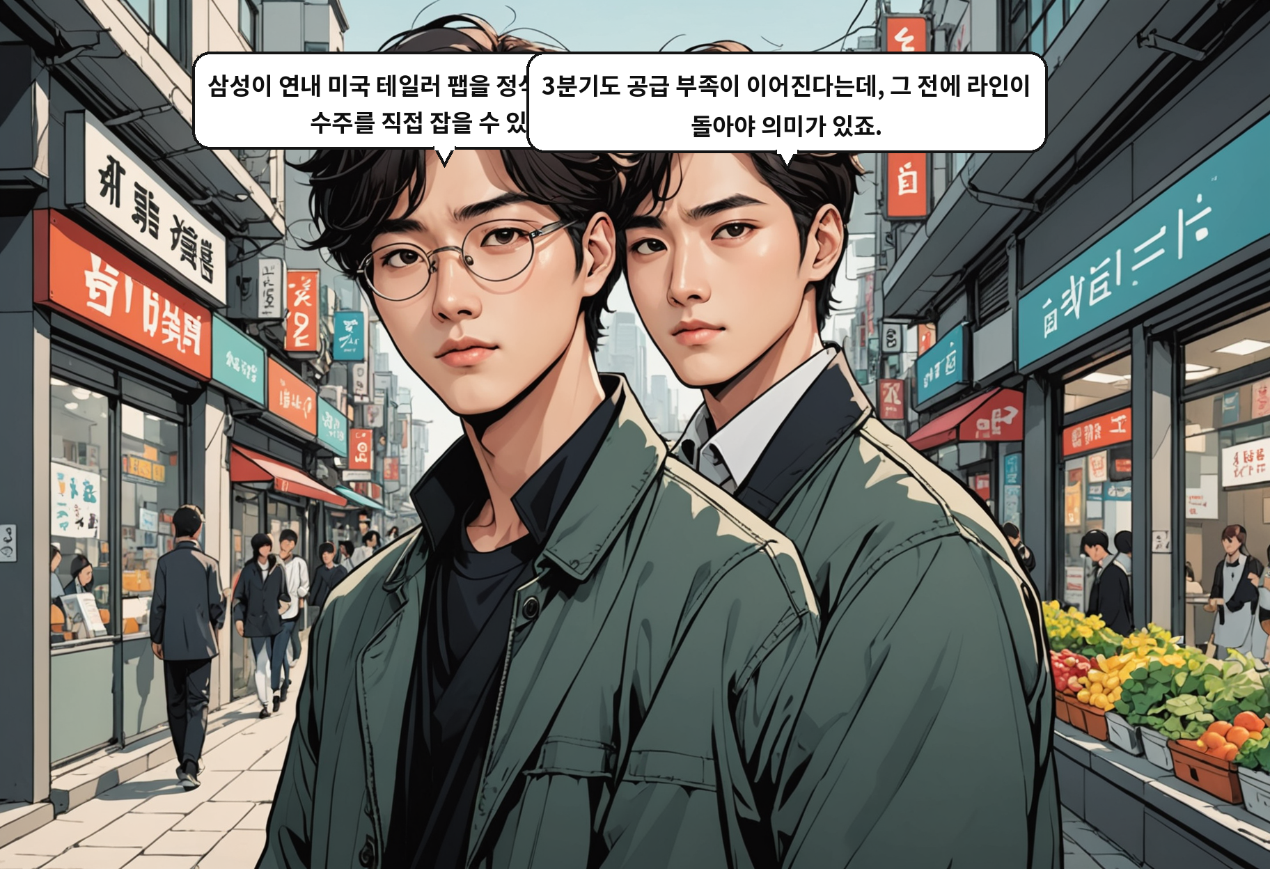 B: 삼성이 연내 미국 테일러 팹을 정식 가동하면 북미 수주를 직접 잡을 수 있어요. A: 3분기도 공급 부족이 이어진다는데, 그 전에 라인이 돌아야 의미가 있죠.