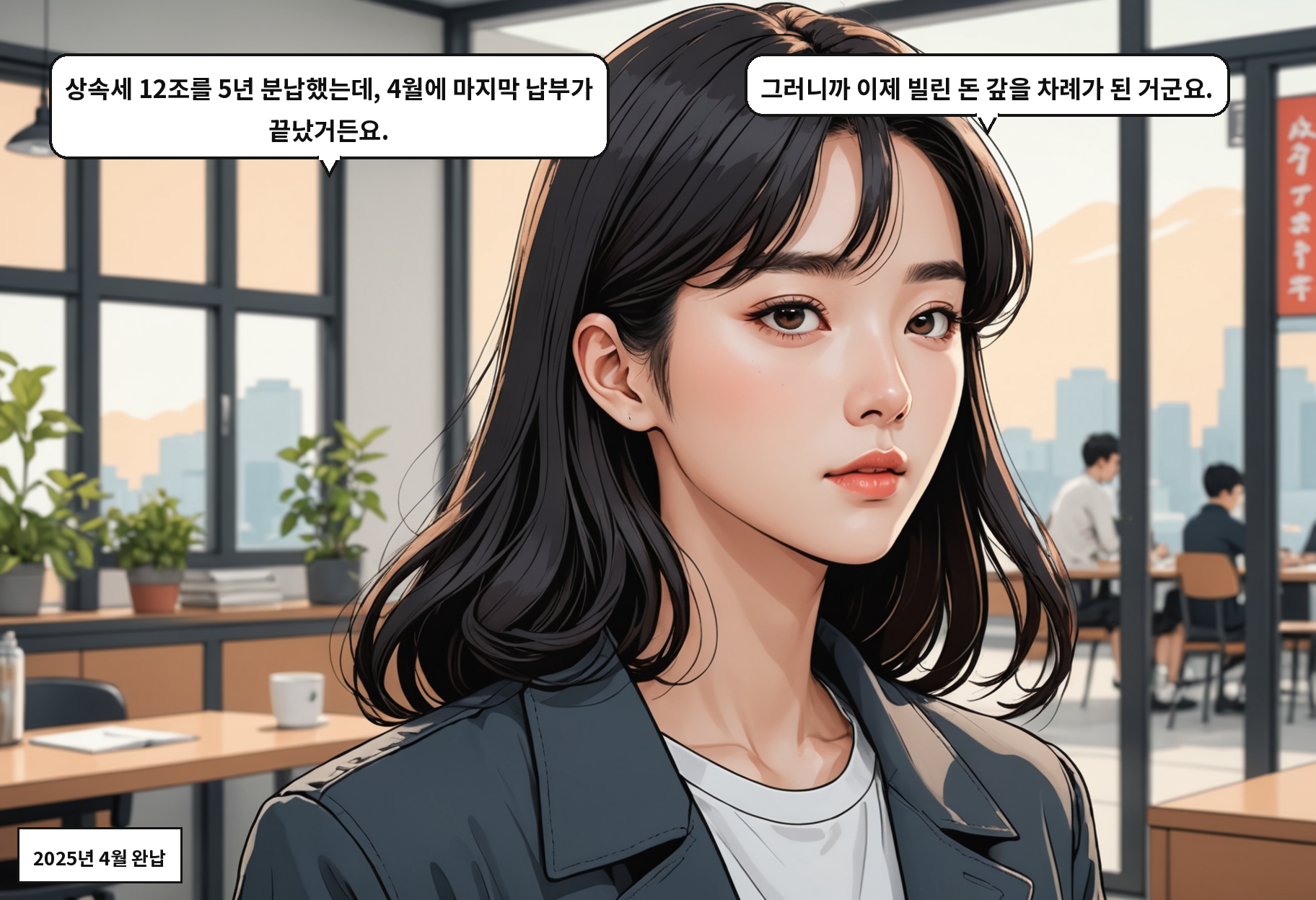 B: 상속세 12조를 5년 분납했는데, 4월에 마지막 납부가 끝났거든요. A: 그러니까 이제 빌린 돈 갚을 차례가 된 거군요.