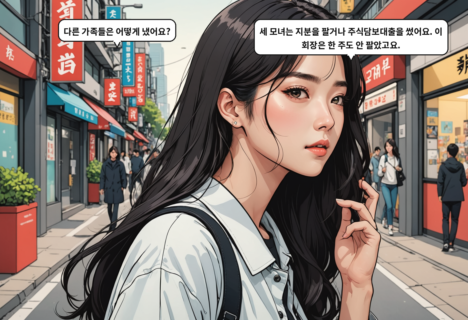 A: 다른 가족들은 어떻게 냈어요? B: 세 모녀는 지분을 팔거나 주식담보대출을 썼어요. 이 회장은 한 주도 안 팔았고요.