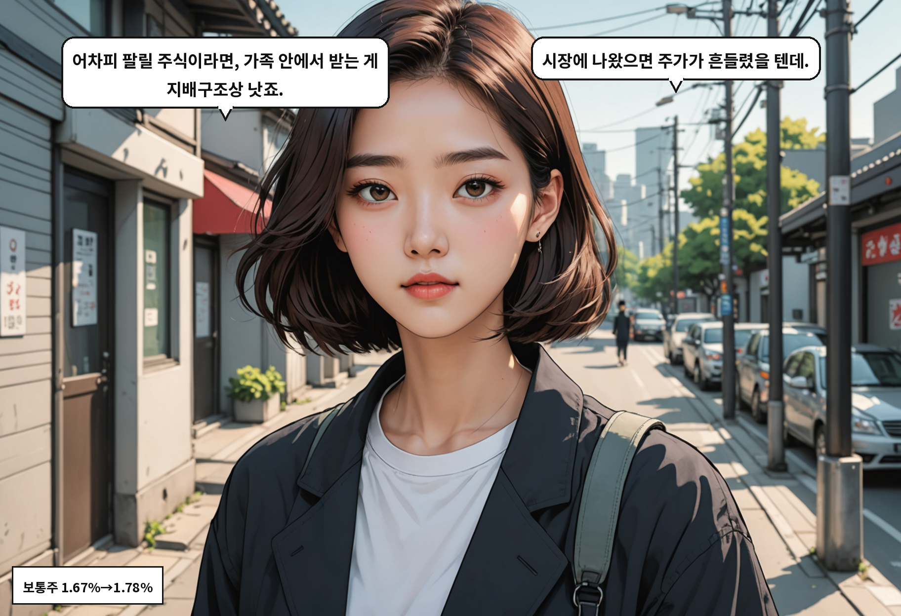 B: 어차피 팔릴 주식이라면, 가족 안에서 받는 게 지배구조상 낫죠. A: 시장에 나왔으면 주가가 흔들렸을 텐데.