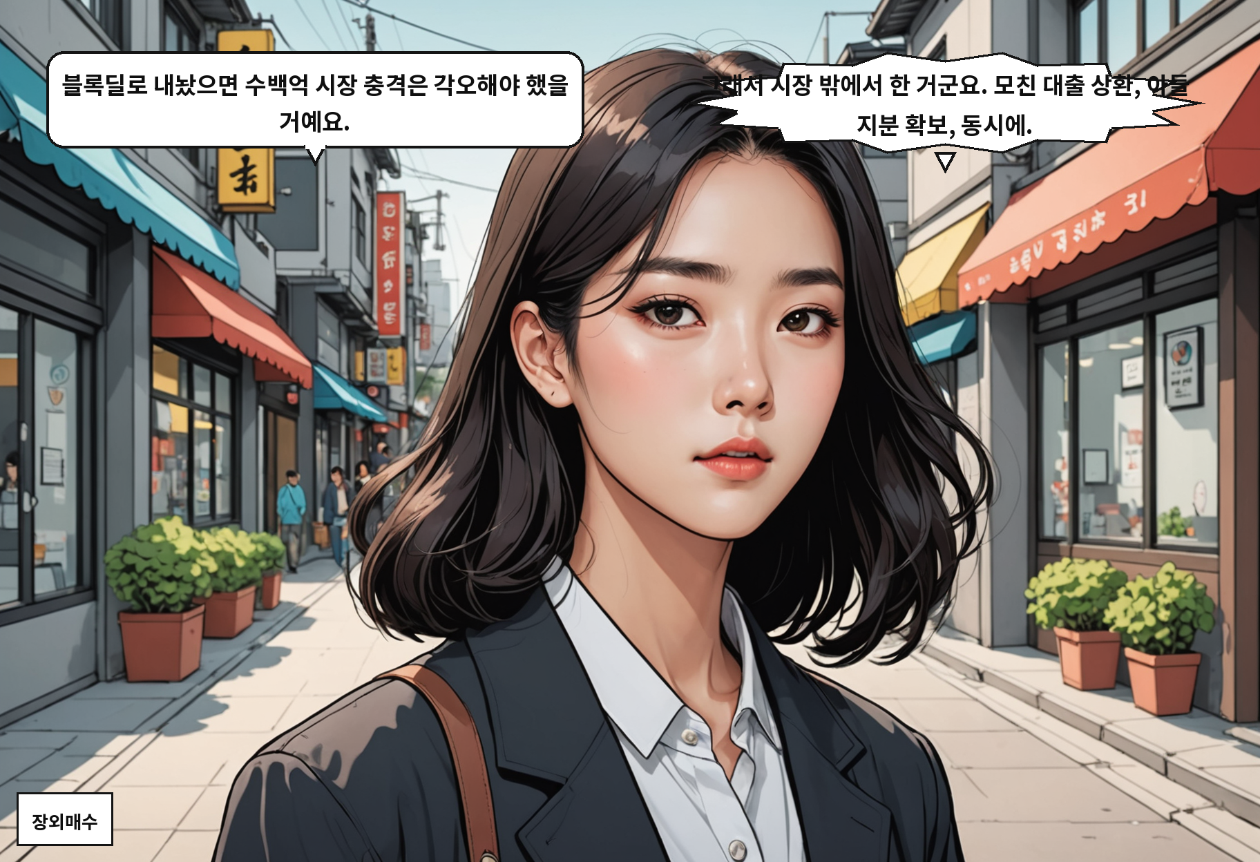 B: 블록딜로 내놨으면 수백억 시장 충격은 각오해야 했을 거예요. A: 그래서 시장 밖에서 한 거군요. 모친 대출 상환, 아들 지분 확보, 동시에.