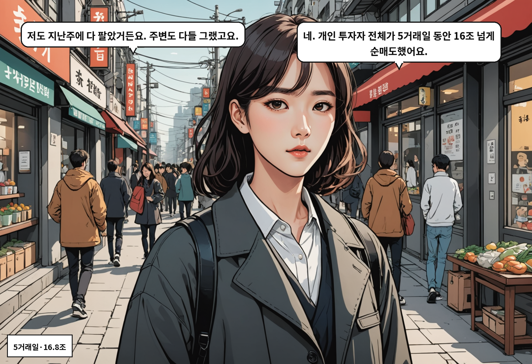 B: 저도 지난주에 다 팔았거든요. 주변도 다들 그랬고요. A: 네. 개인 투자자 전체가 5거래일 동안 16조 넘게 순매도했어요.