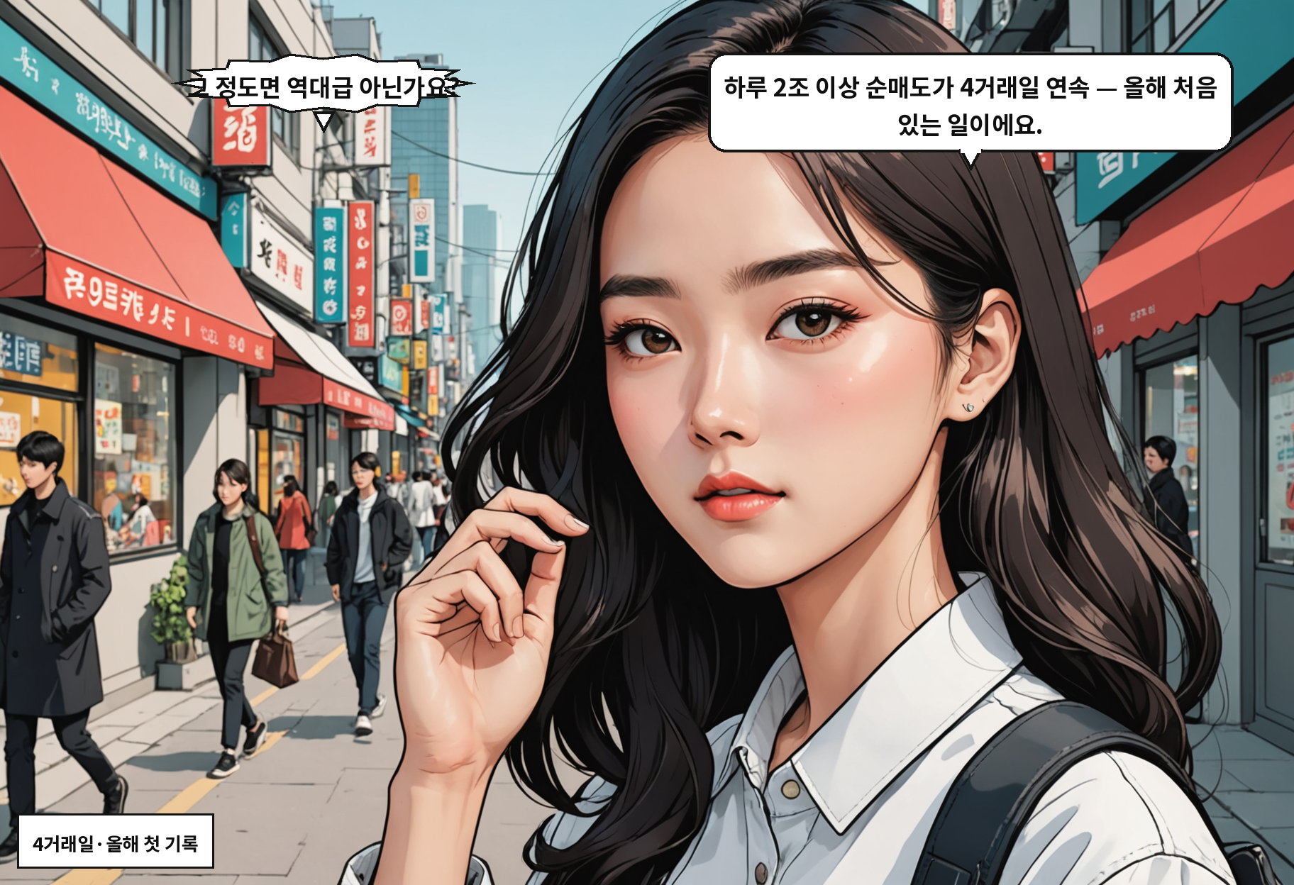 B: 그 정도면 역대급 아닌가요? A: 하루 2조 이상 순매도가 4거래일 연속 — 올해 처음 있는 일이에요.