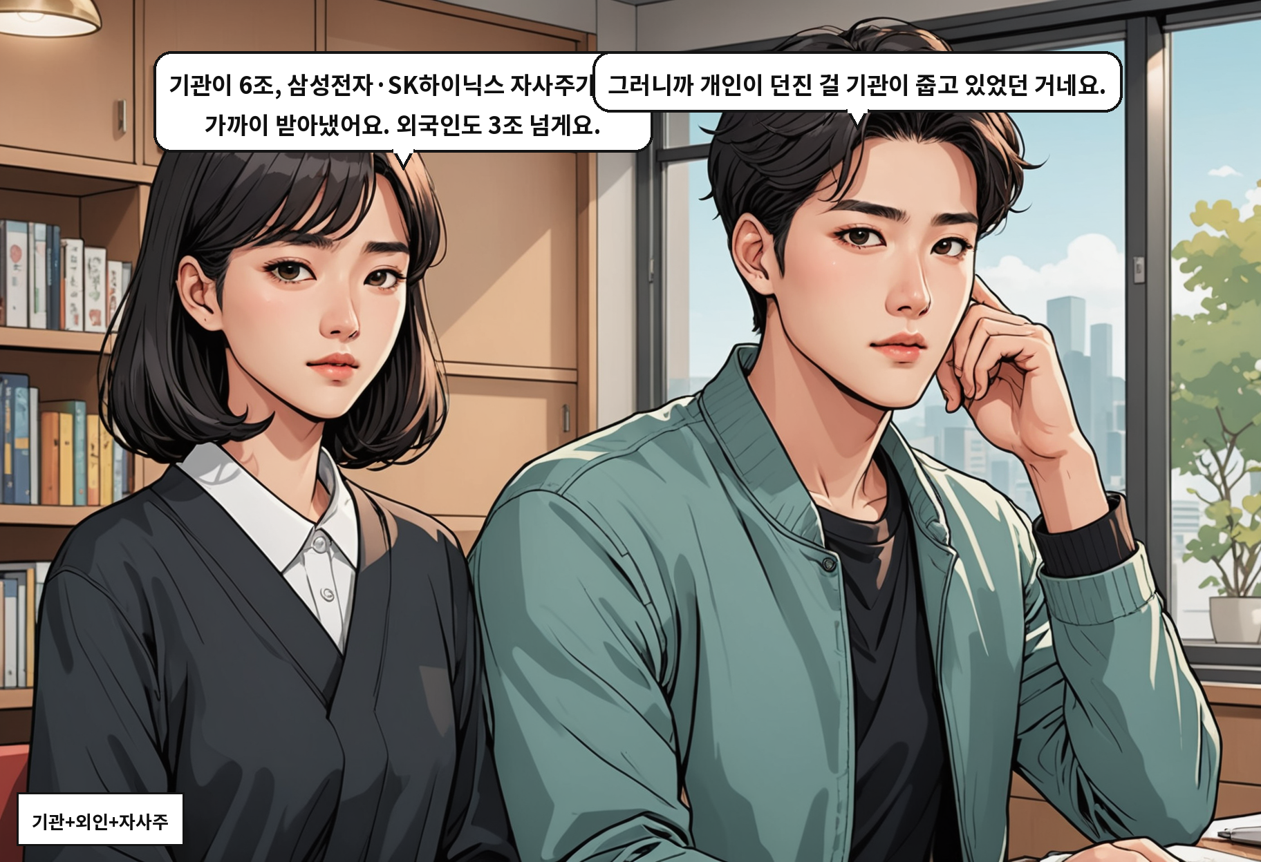 A: 기관이 6조, 삼성전자·SK하이닉스 자사주가 7조 가까이 받아냈어요. 외국인도 3조 넘게요. B: 그러니까 개인이 던진 걸 기관이 줍고 있었던 거네요.