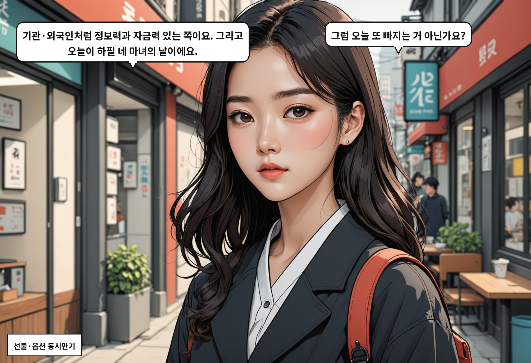 A: 기관·외국인처럼 정보력과 자금력 있는 쪽이요. 그리고 오늘이 하필 네 마녀의 날이에요. B: 그럼 오늘 또 빠지는 거 아닌가요?