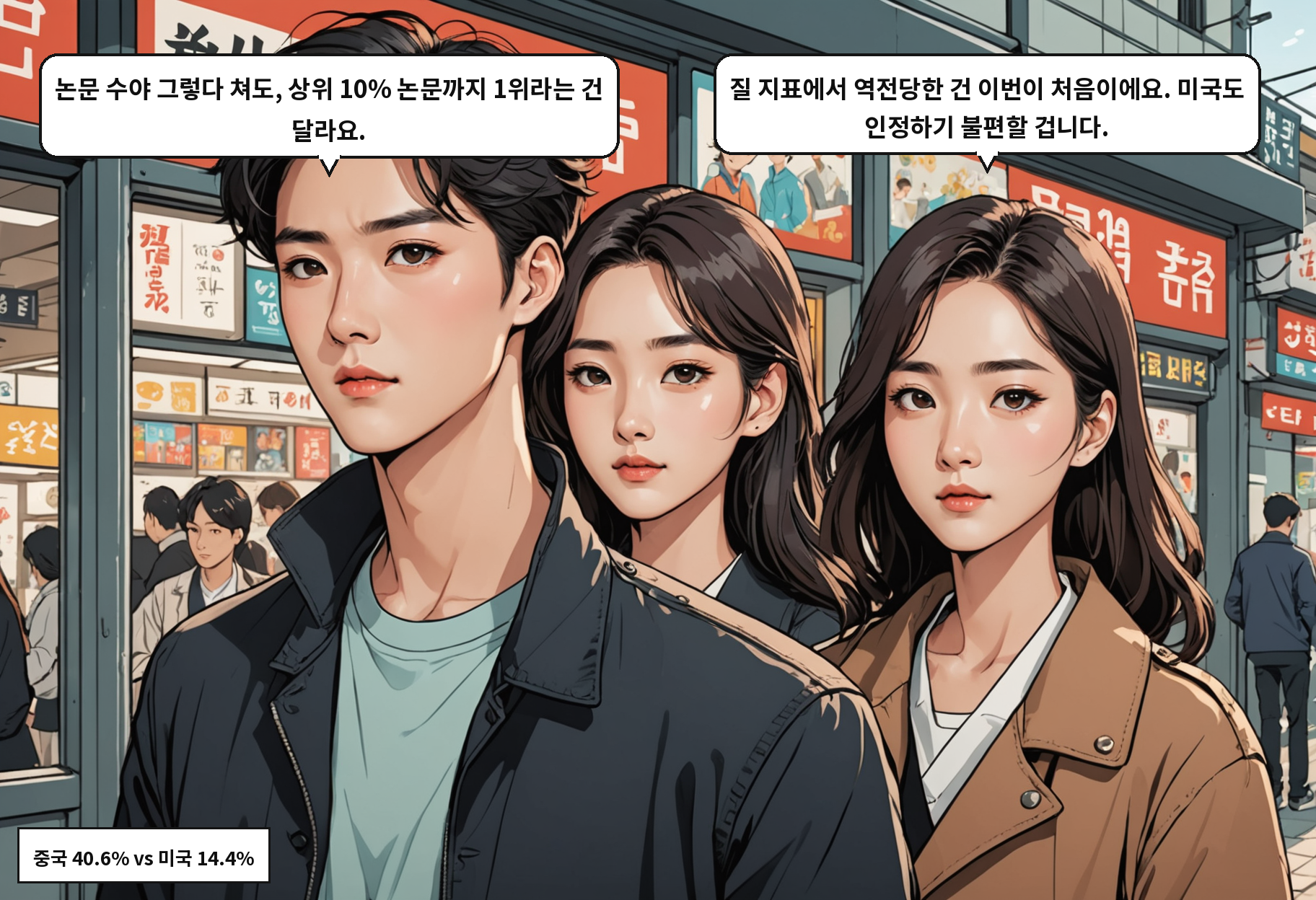 A: 논문 수야 그렇다 쳐도, 상위 10% 논문까지 1위라는 건 달라요. B: 질 지표에서 역전당한 건 이번이 처음이에요. 미국도 인정하기 불편할 겁니다.