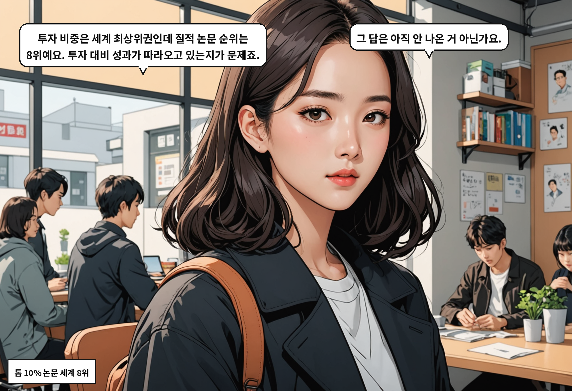 B: 투자 비중은 세계 최상위권인데 질적 논문 순위는 8위예요. 투자 대비 성과가 따라오고 있는지가 문제죠. A: 그 답은 아직 안 나온 거 아닌가요.