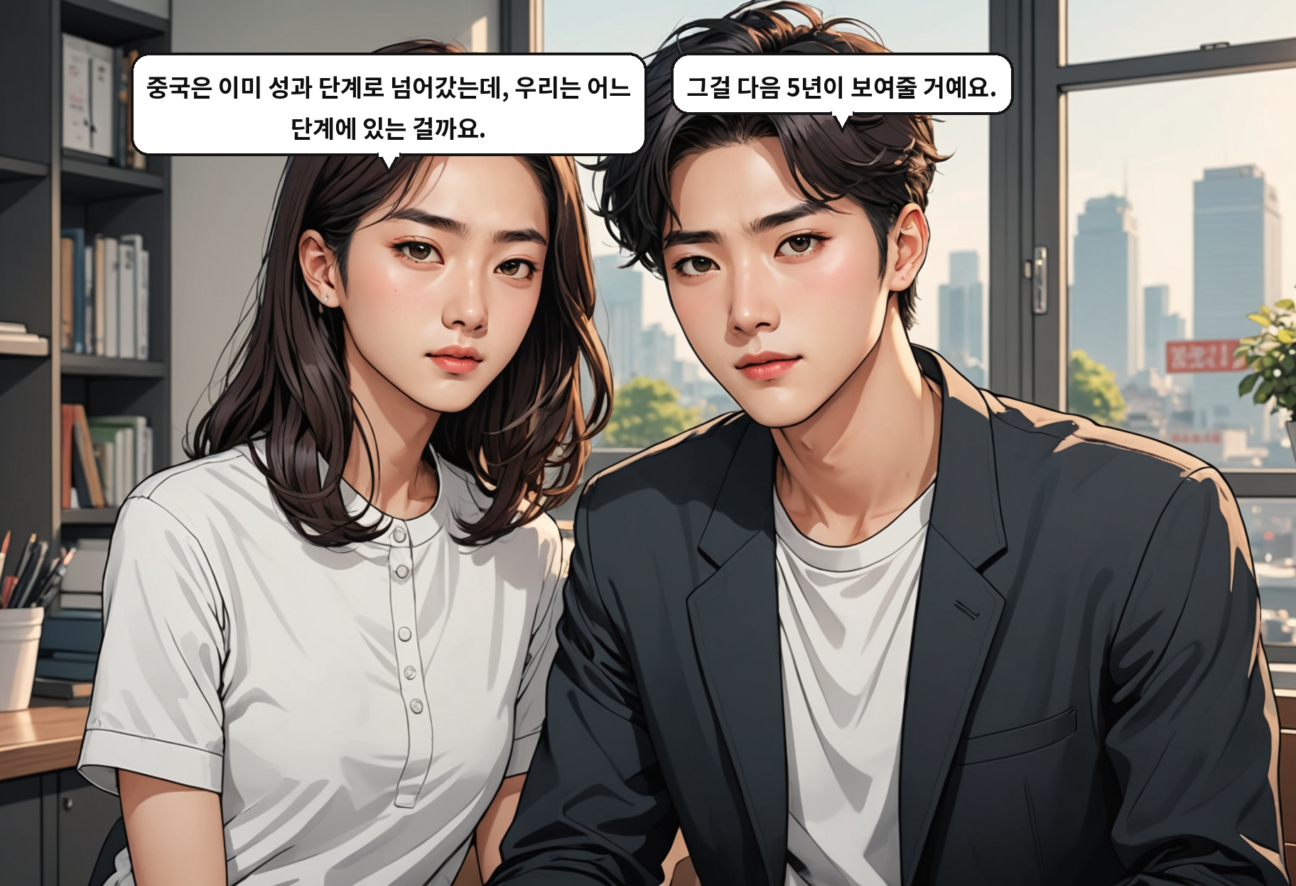 A: 중국은 이미 성과 단계로 넘어갔는데, 우리는 어느 단계에 있는 걸까요. B: 그걸 다음 5년이 보여줄 거예요.