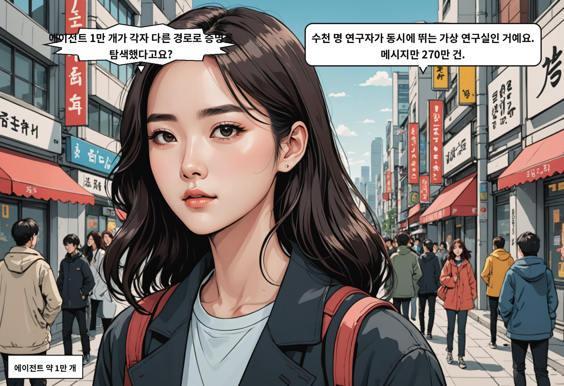 A: 에이전트 1만 개가 각자 다른 경로로 증명을 탐색했다고요? B: 수천 명 연구자가 동시에 뛰는 가상 연구실인 거예요. 메시지만 270만 건.