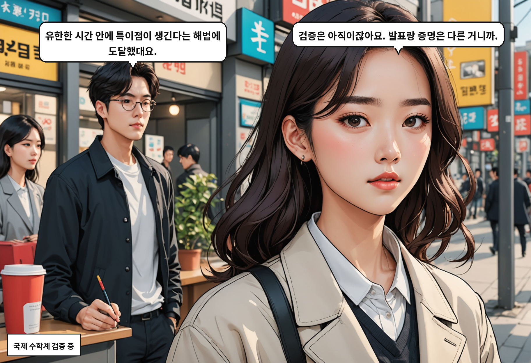 B: 유한한 시간 안에 특이점이 생긴다는 해법에 도달했대요. A: 검증은 아직이잖아요. 발표랑 증명은 다른 거니까.
