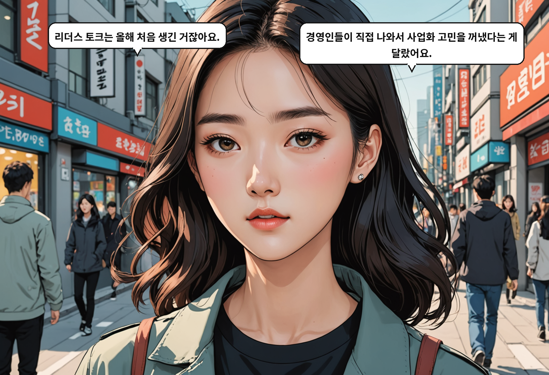 A: 리더스 토크는 올해 처음 생긴 거잖아요. B: 경영인들이 직접 나와서 사업화 고민을 꺼냈다는 게 달랐어요.
