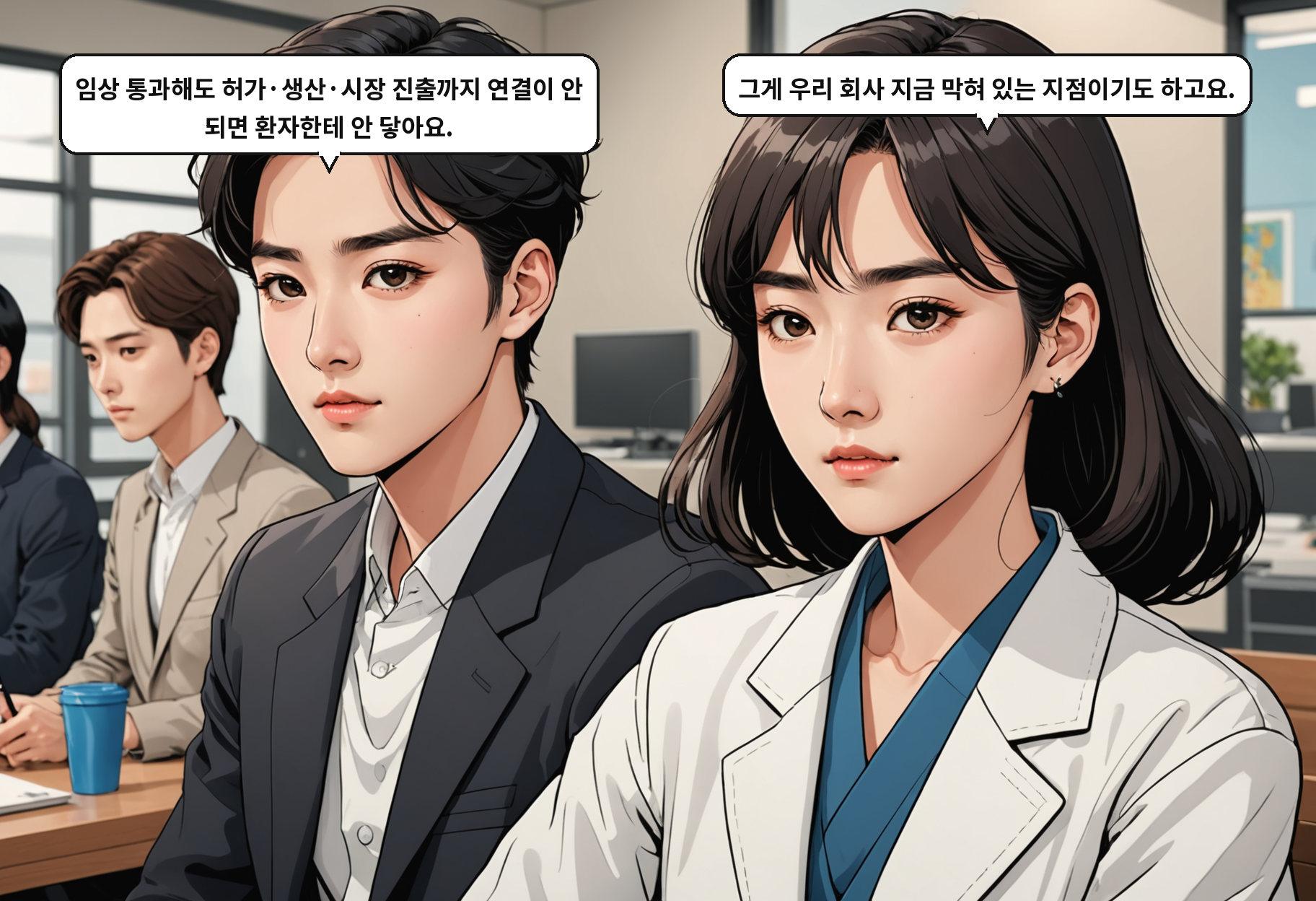 B: 임상 통과해도 허가·생산·시장 진출까지 연결이 안 되면 환자한테 안 닿아요. A: 그게 우리 회사 지금 막혀 있는 지점이기도 하고요.